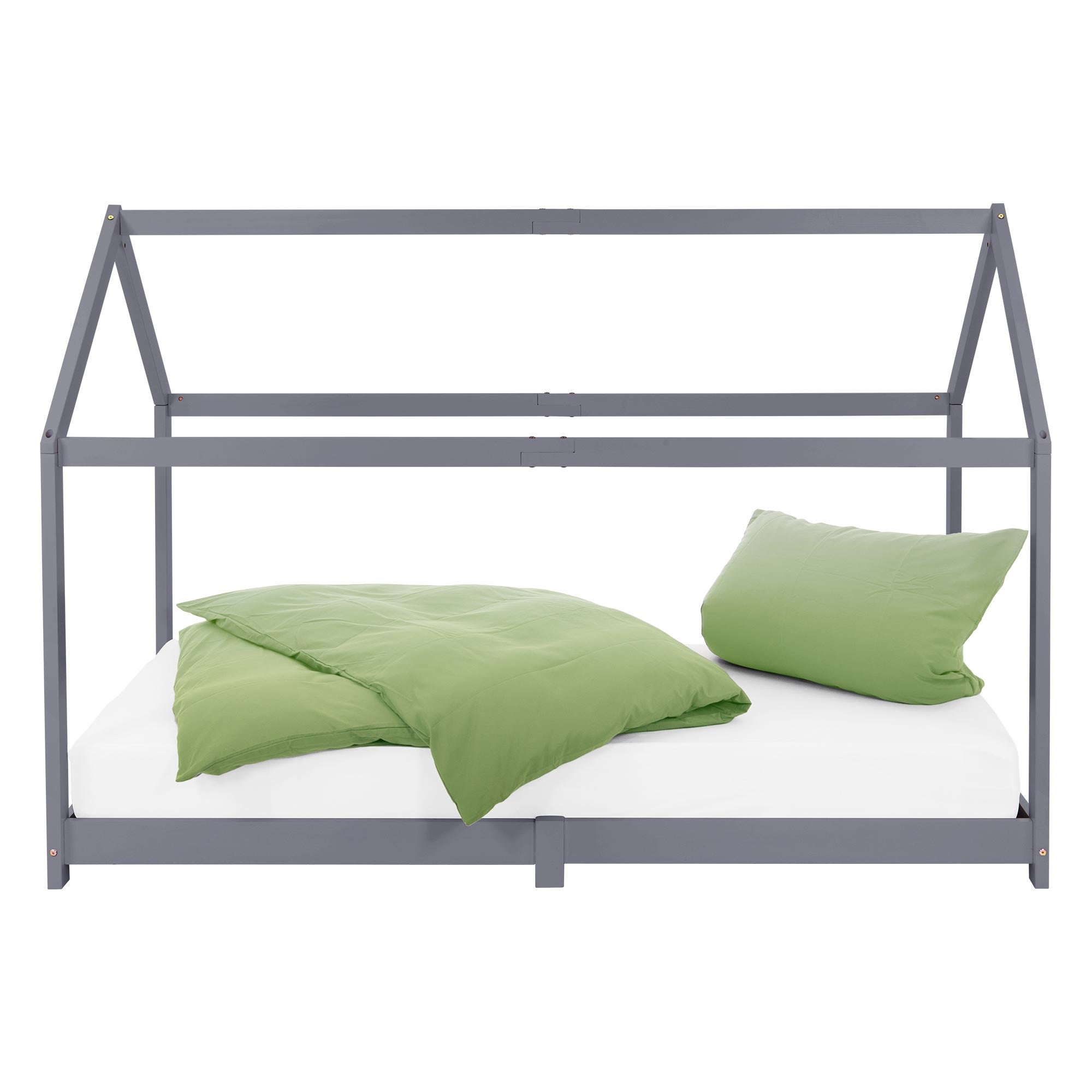 Lit cabane enfant 90x200 cm gris clair bois de pin massif avec matelas H16cm, toit et sommier à lattes, couchage au sol maisonnette - 3