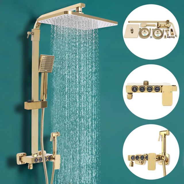 AULEDIO Conjunto de Duche de Parede, Sistema de Duche, Acessórios para Duche, Conjunto de Misturador de Água Quente e Fria com 4 Modos de Jato
