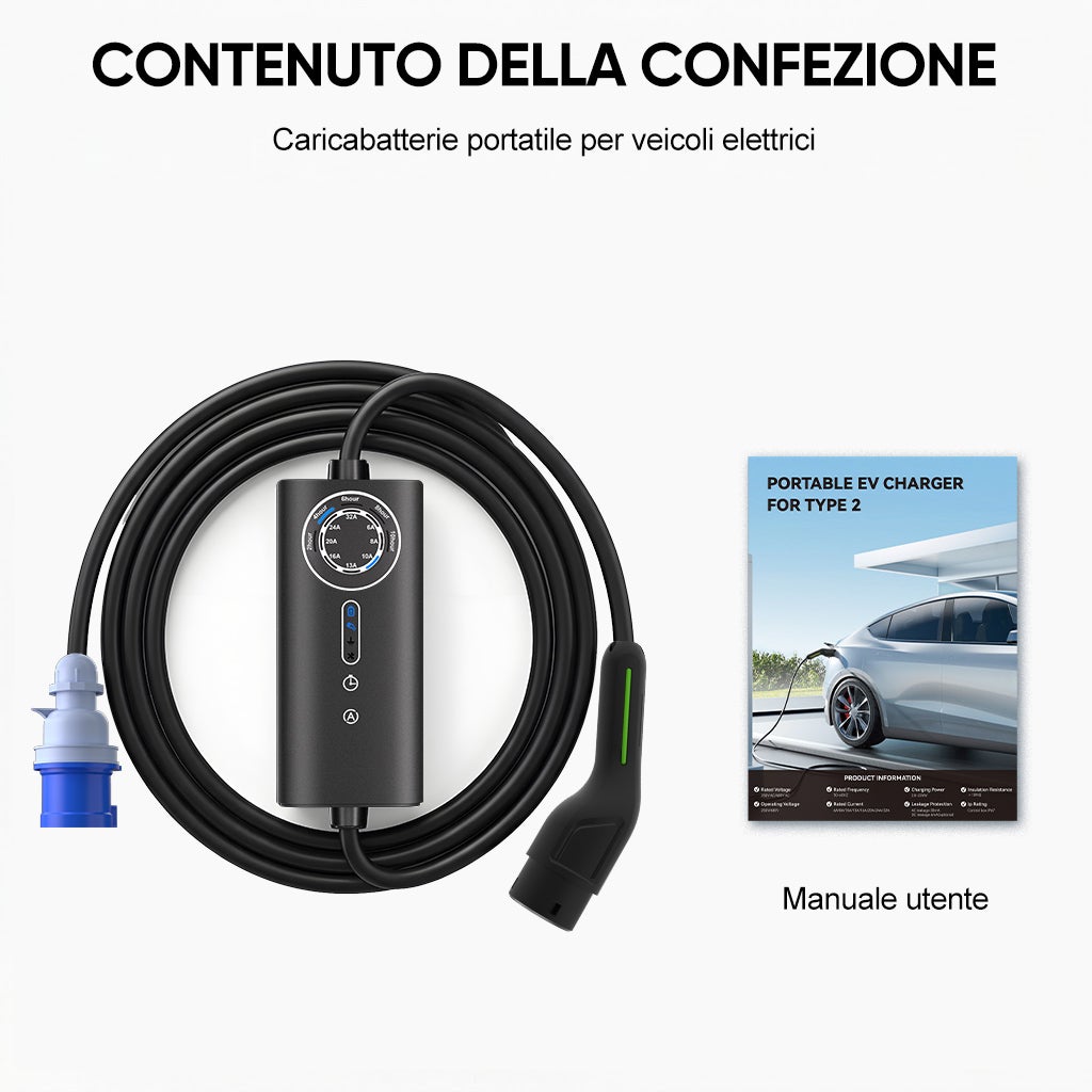 Carregador portátil para veículos elétricos JUNSUN 7kW – 32A monofásico, cabo 8m Tipo 2, IP67, corrente ajustável 6-32A, carregamento programável - 9