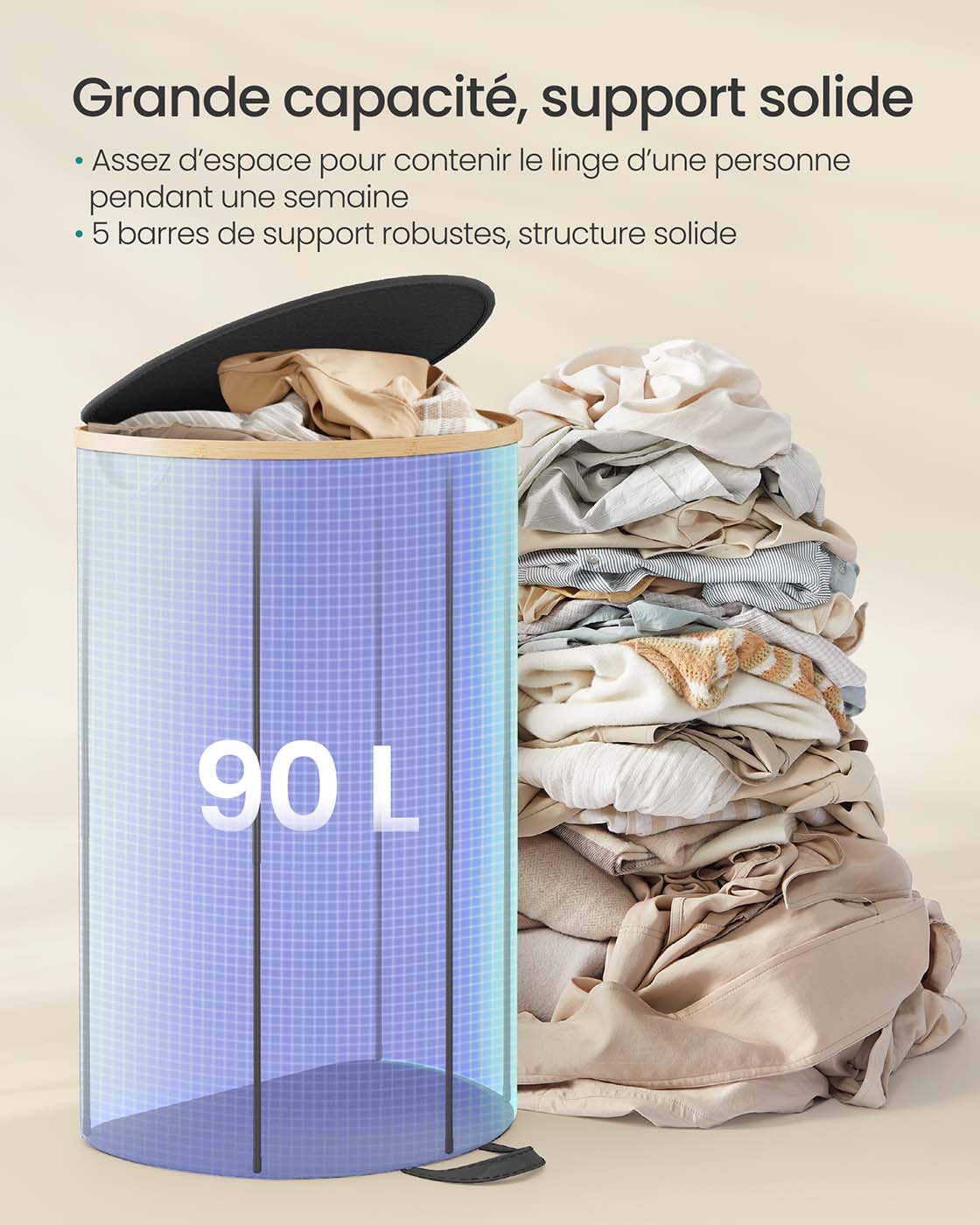 Panier à Linge Avec Couvercle à 3 Compartiments, 150l, Sac Amovible, Tissu Oxford, Pliable, Noir