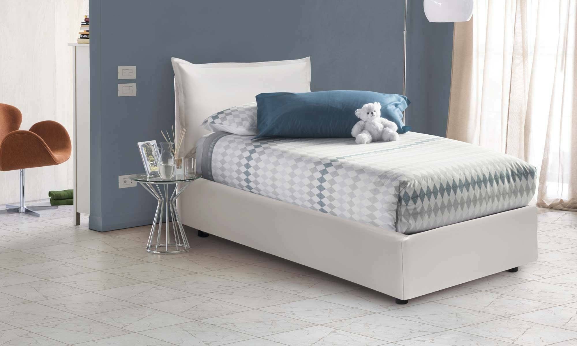 Talamo Italia Letto singolo Marina, Letto contenitore con rivestimento in tessuto, 100% Made in Italy, Apertura laterale, adatto per materasso Cm 80x190, Bianco, con imballo rinforzato