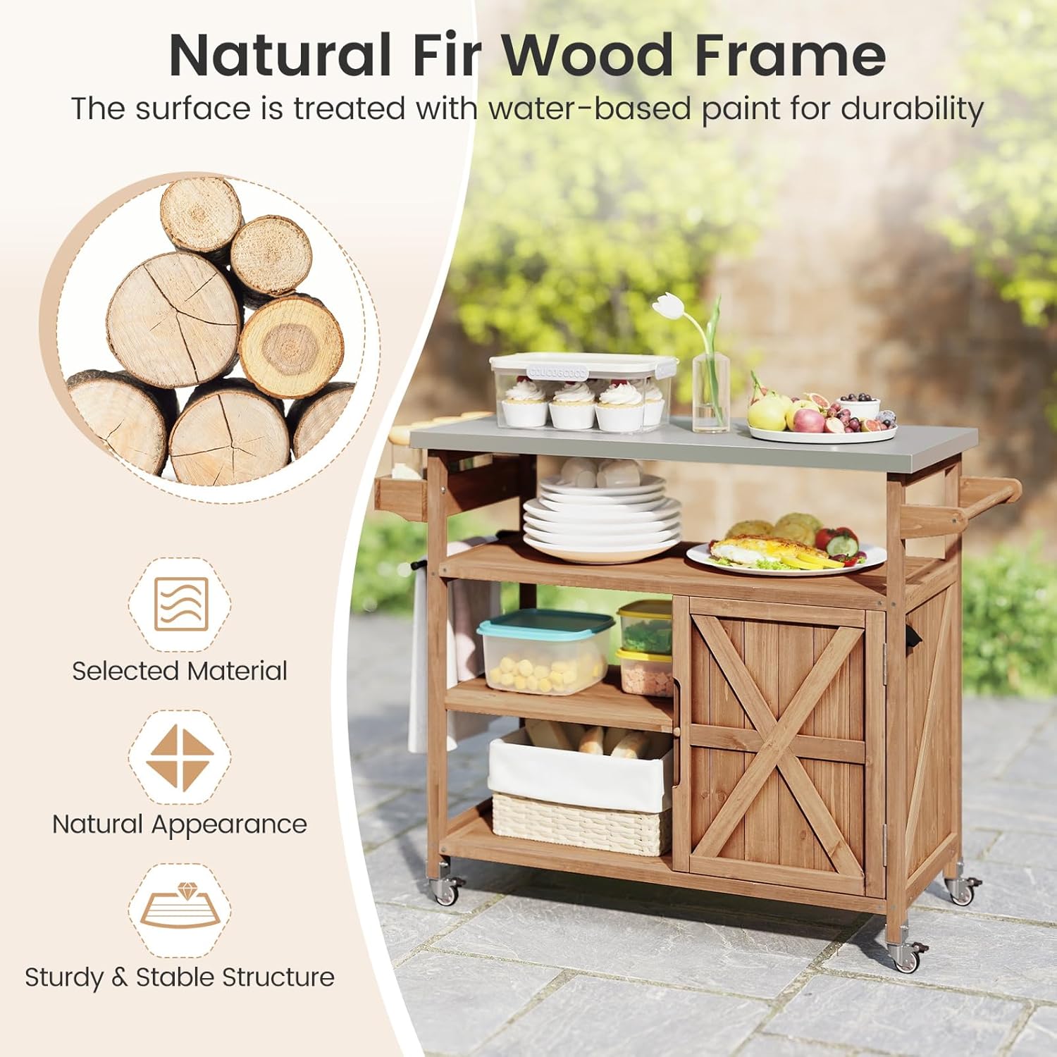 Desserte Jardin Plancha Barbecue, Desserte Jardinage en Bois avec Plan Travail en Acier Inoxydable, 3 Étagères Ouvertes (47x118x92CM,Naturel) - 3