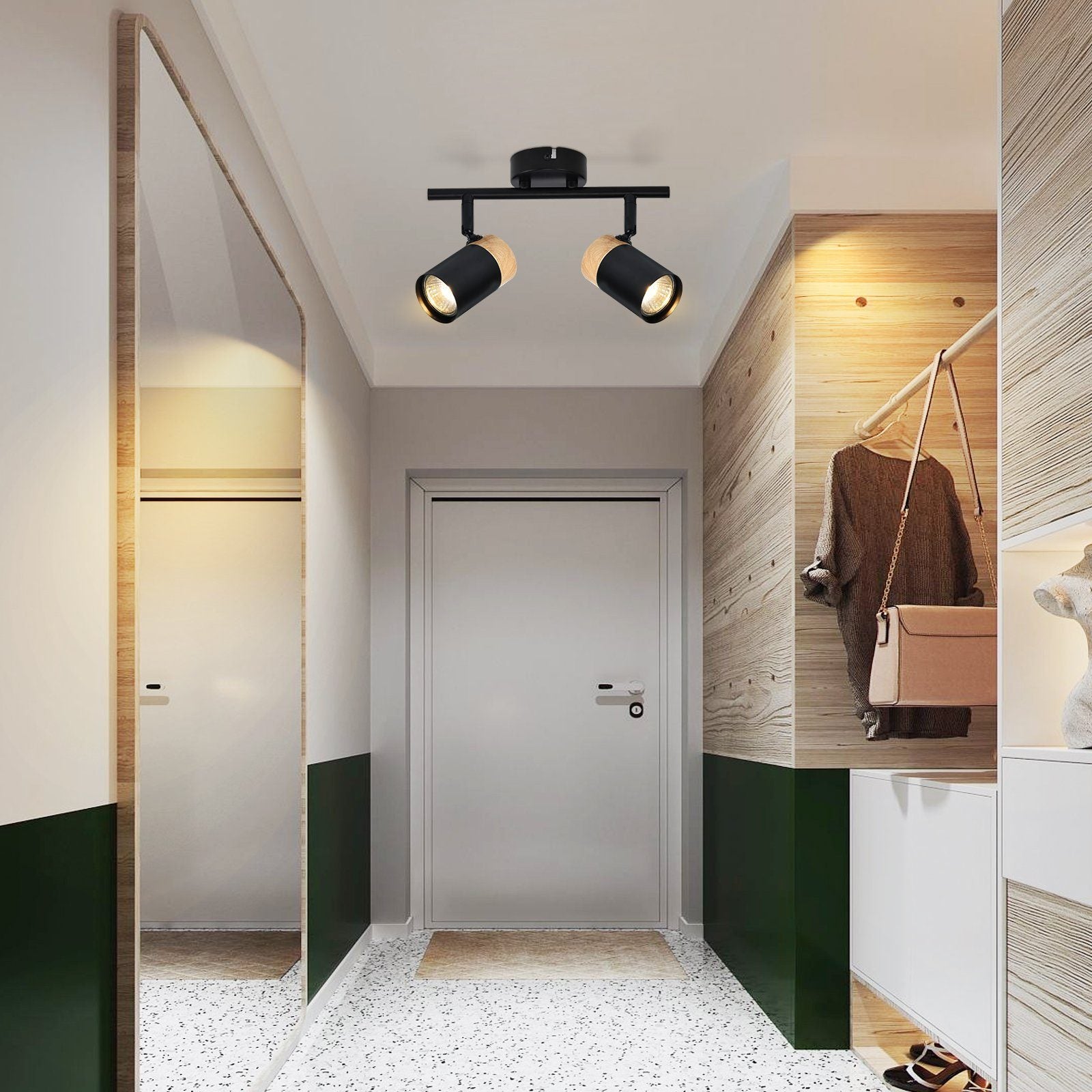 NETTLIFE Plafonnier 2 spots de bois noir GU10 LED orientable 330° pour couloir garage salon cuisine sans ampoule - 8