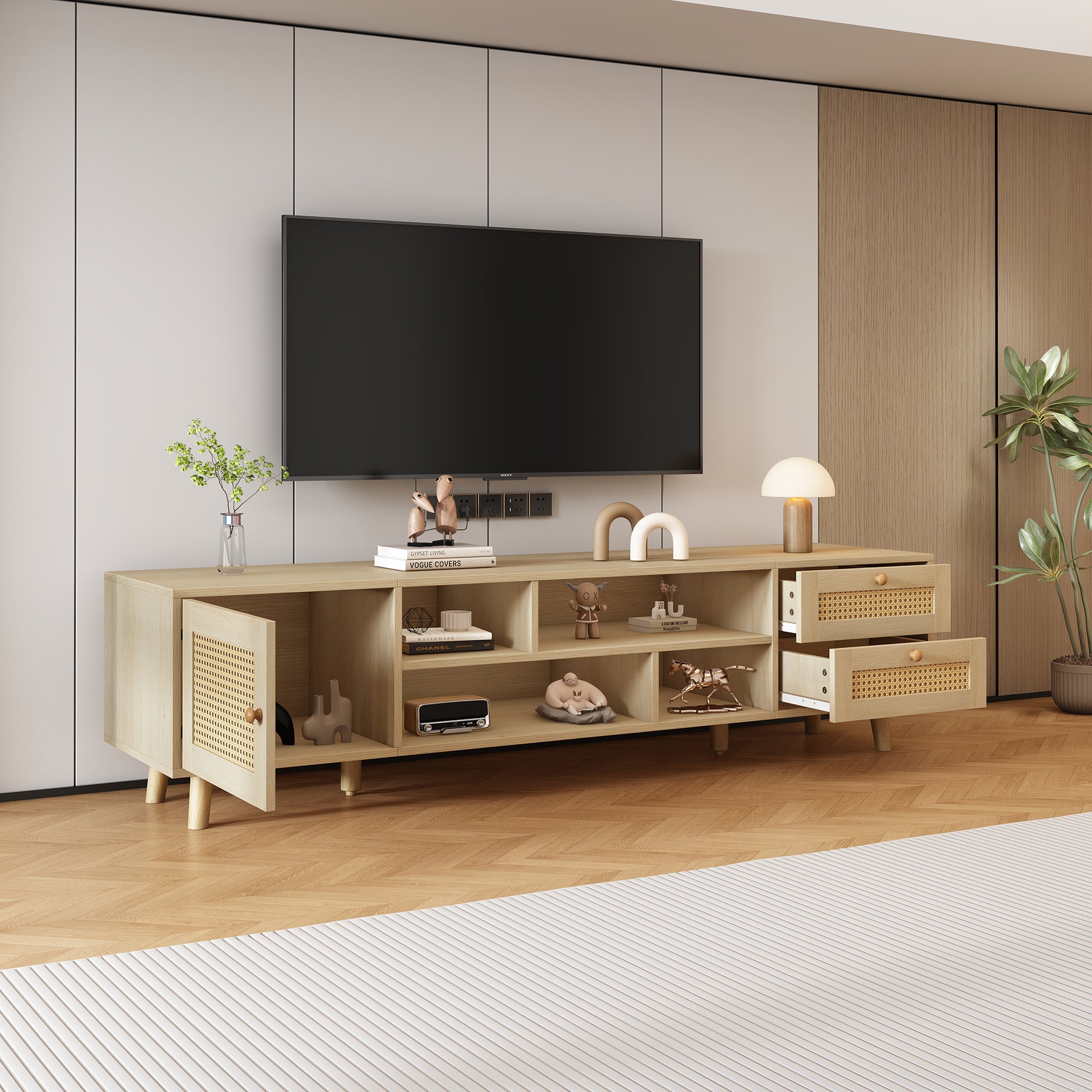 Meuble TV, Banc TV 160 cm avec 2 tiroirs, 1 porte & 4 compartiments, Pour les TV jusqu'à 70