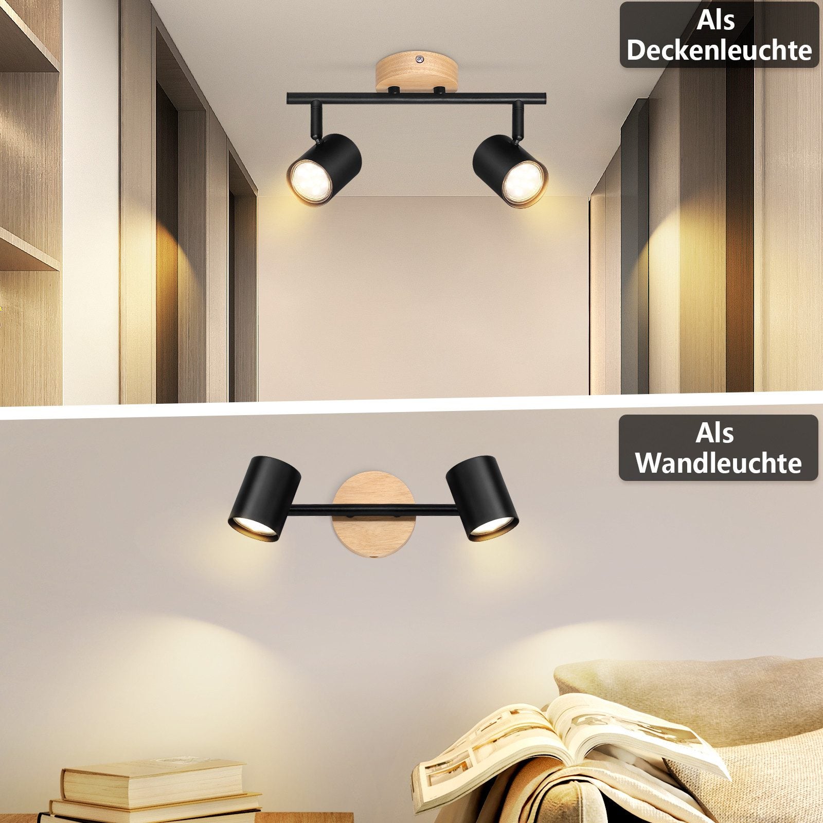 NETTLIFE Plafón LED de 2 llama - Plafón GU10 negro Foco giratorio Aplique de madera Foco de pared para salón dormitorio Sin bombilla - 5