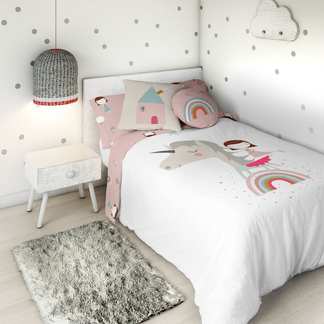 HOUSSE DE COUETTE RÉVERSIBLE LICORNE BLANCHE 100% COTON LIT 90