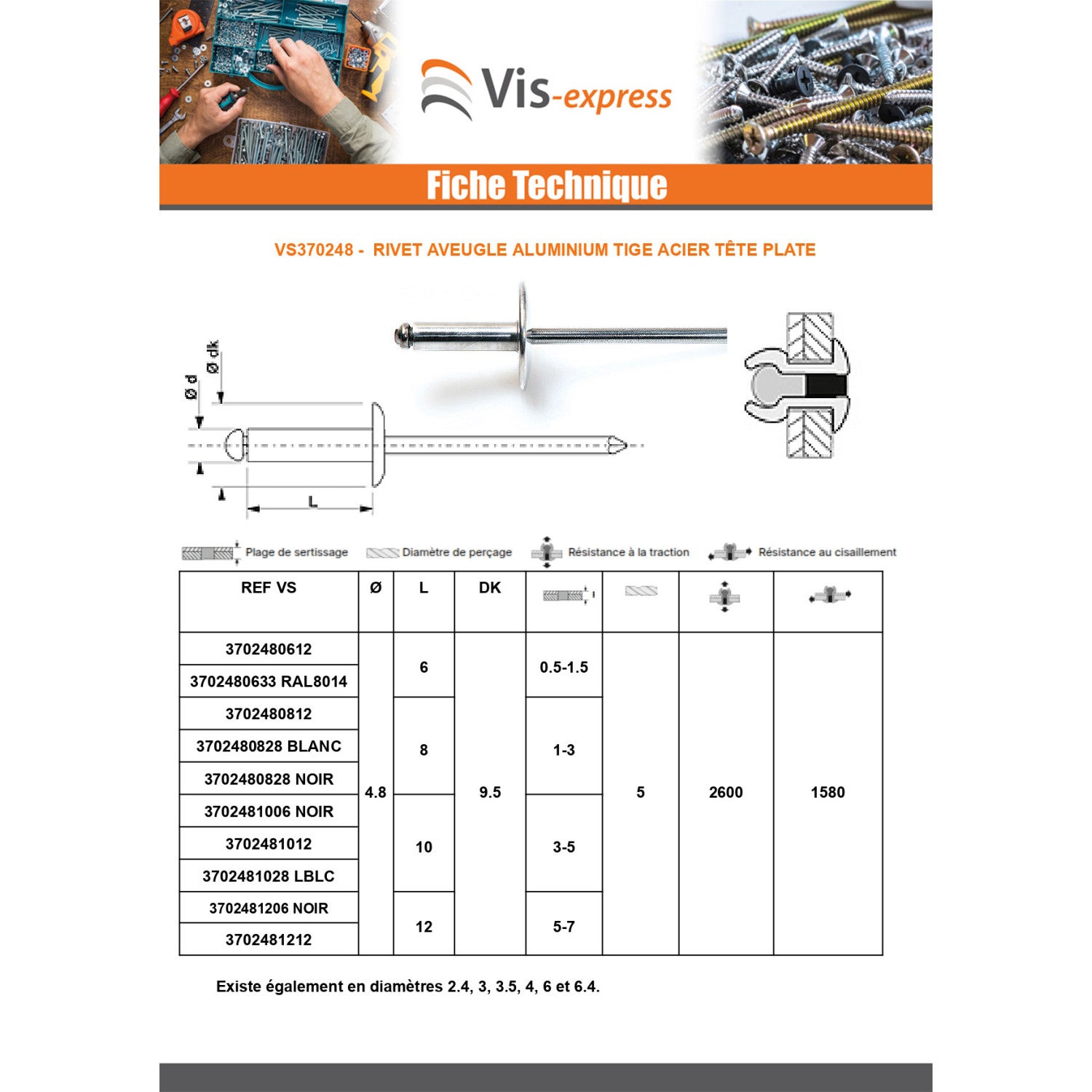 Rivet aveugle Aluminium Tige acier 4.8X14 Epaisseur de serrage 7 à 9 Tête Ronde Standard Noir-10 pièces - 3
