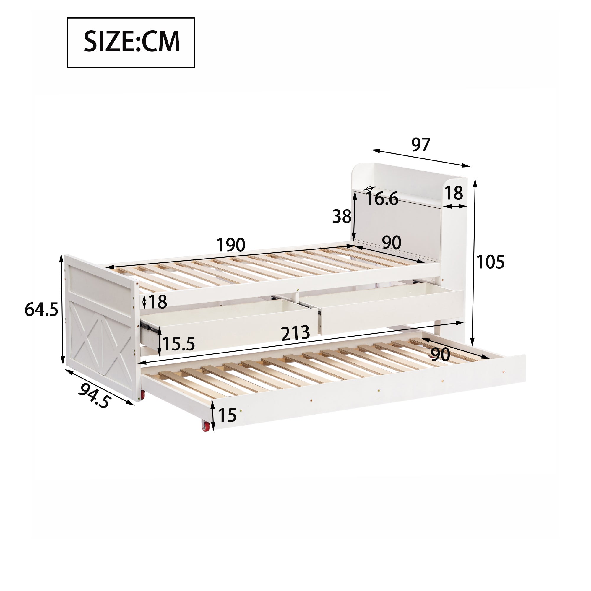 Letto estraibile 90x190 cm, testiera con contenitore, 2 cassetti, legno, bianco, senza materasso - 4