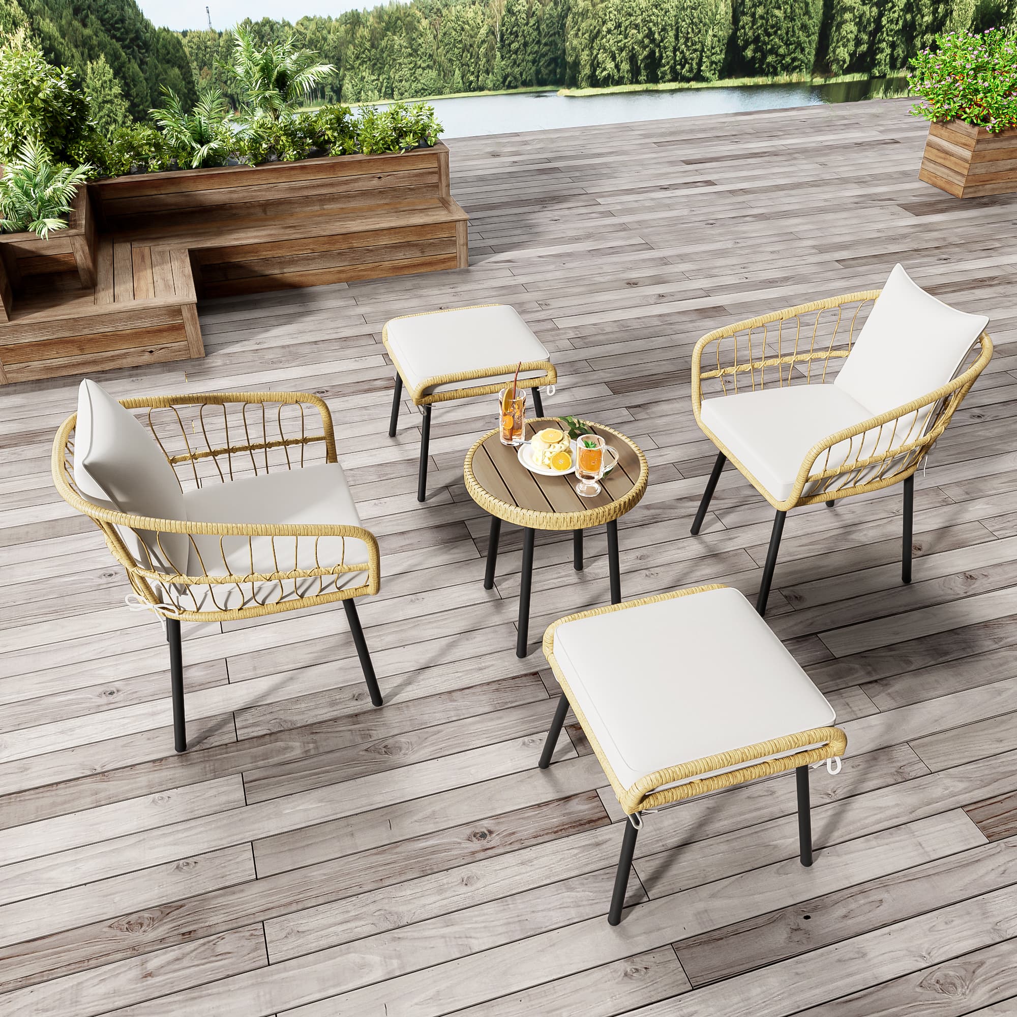 Ensemble Lounge de Jardin 5 Pièces, Composé d‘1 Table à Manger, 2 Chaises, 2 Tabourets, Mobilier en Rotin, Naturel - 8