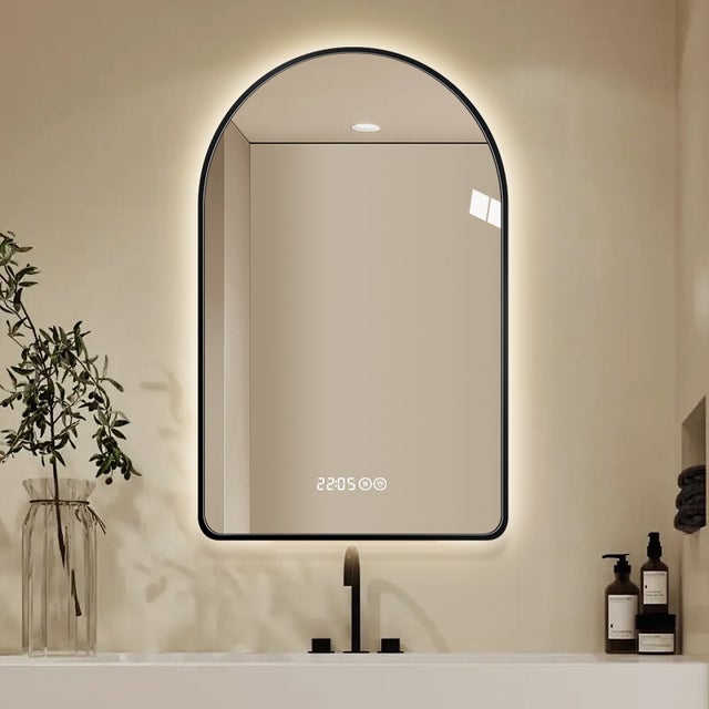 Miroir salle de bain LED 70x120cm cadre noir - Miroir lumineux anti-buée dimmable avec horloge et température pour grand meuble vasque
