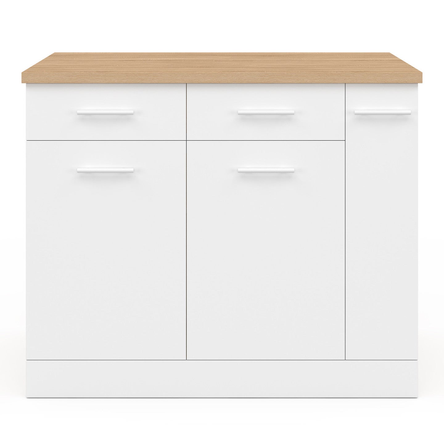 Ilot central ALTO portes avec rangements, tiroirs, rangement coulissant et plan de travail façon hêtre et blanc - 3