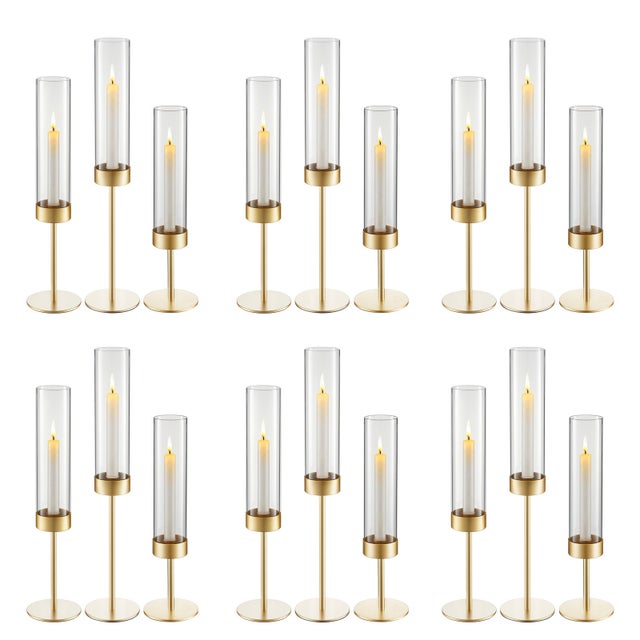 Lot de 18 bougeoirs SucceBuy en verre cylindrique avec supports metalliques dores, parfaits pour mariages, fetes et decoration interieure