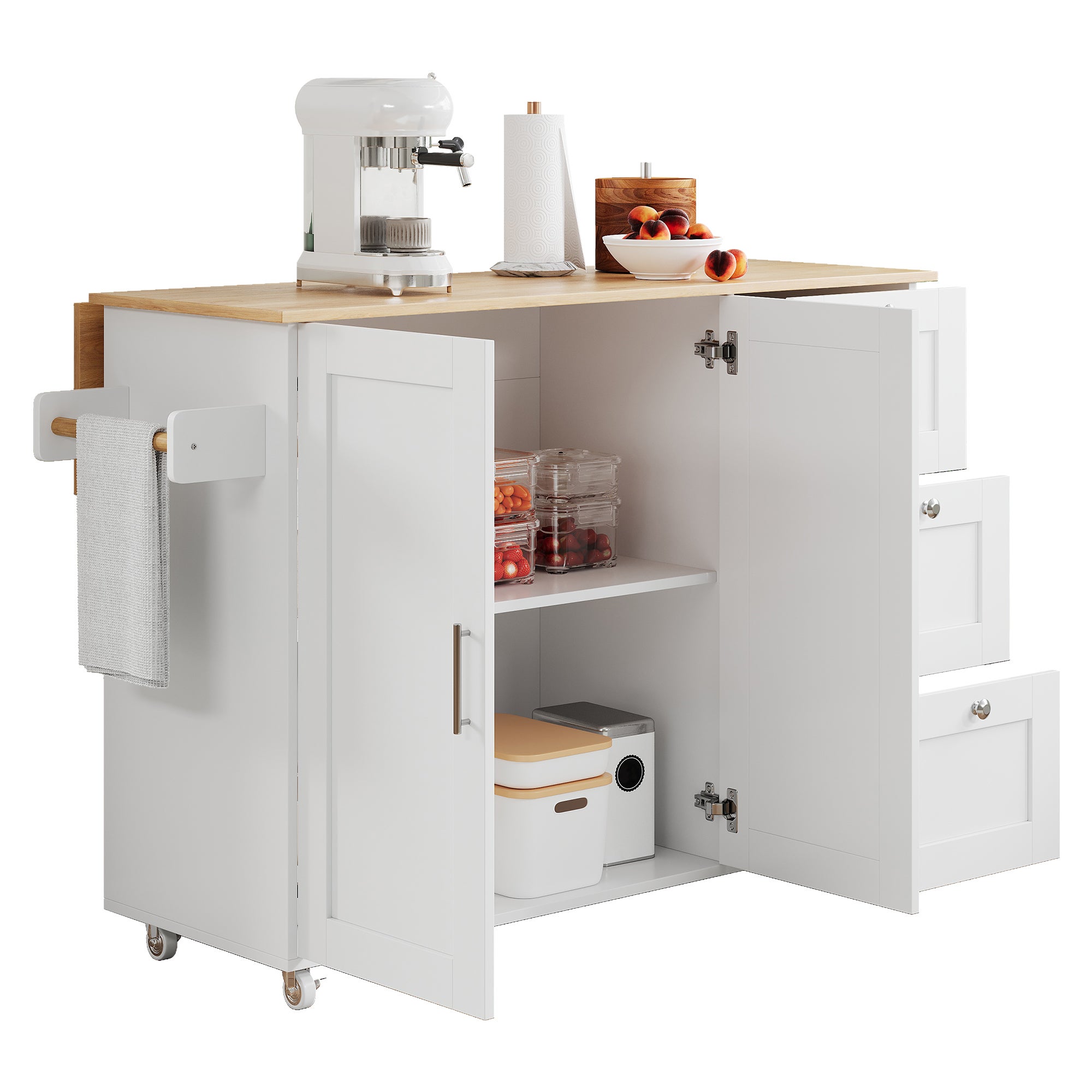 Ilot central de cuisine - avec comptoir pliant - 3 tiroirs et étagères réglables - Blanc - 6