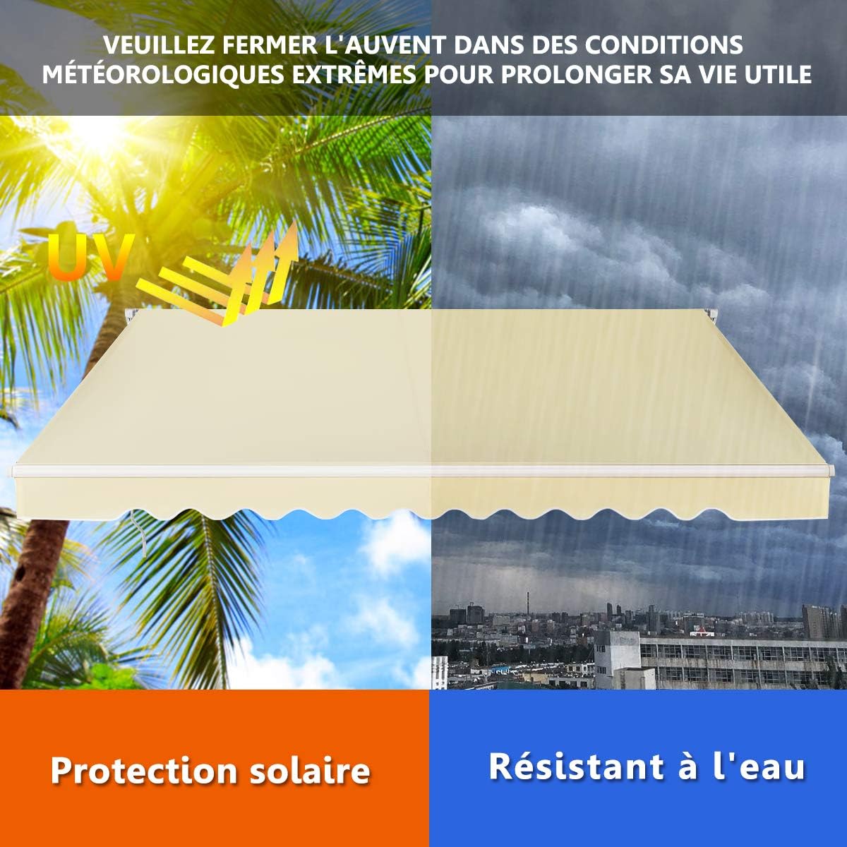 Store Banne de Balcon Rétractable avec Tissu Résistant aux UV et à l'eau, Cadre en Aluminium, Réglable 5-35°,3 x 2,5 m, Beige - 4