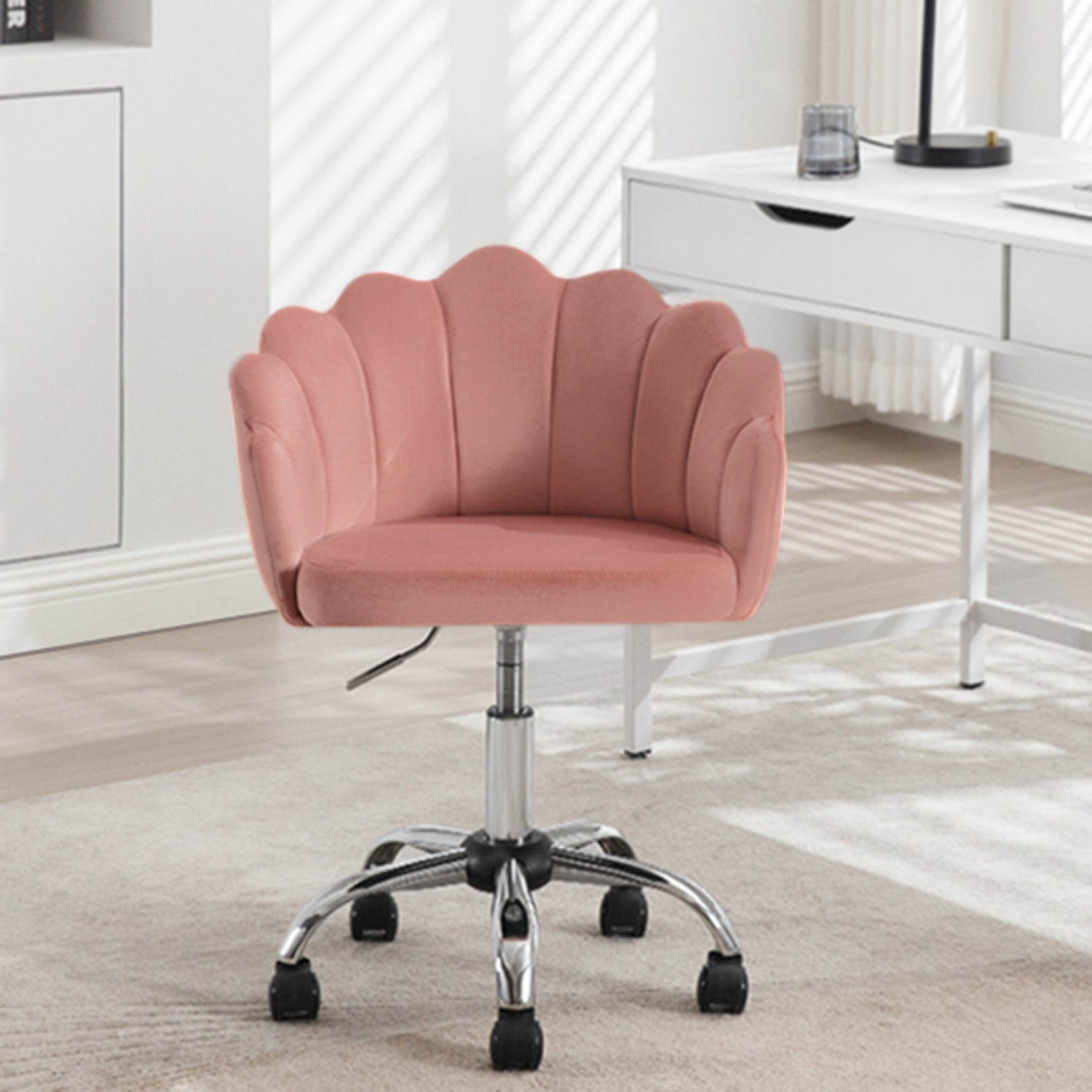 Chaise Bureau en Velours + Métal，Chaise Coiffeuse，Fauteuil Coquillage，Chaise de Bureau ，Hauteur Réglable，Rose, WOLTU - 2