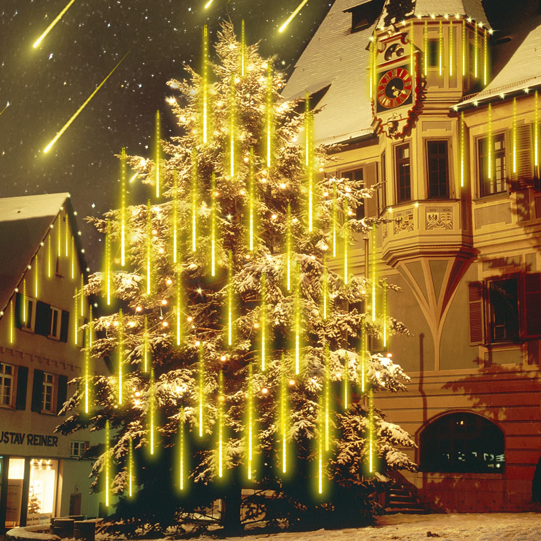 Luci di Natale per esterni, luci a pioggia di meteoriti a 288 LED, decorazioni natalizie, luci natalizie fatate, bianco caldo (8 tubi - 50 cm) - 7