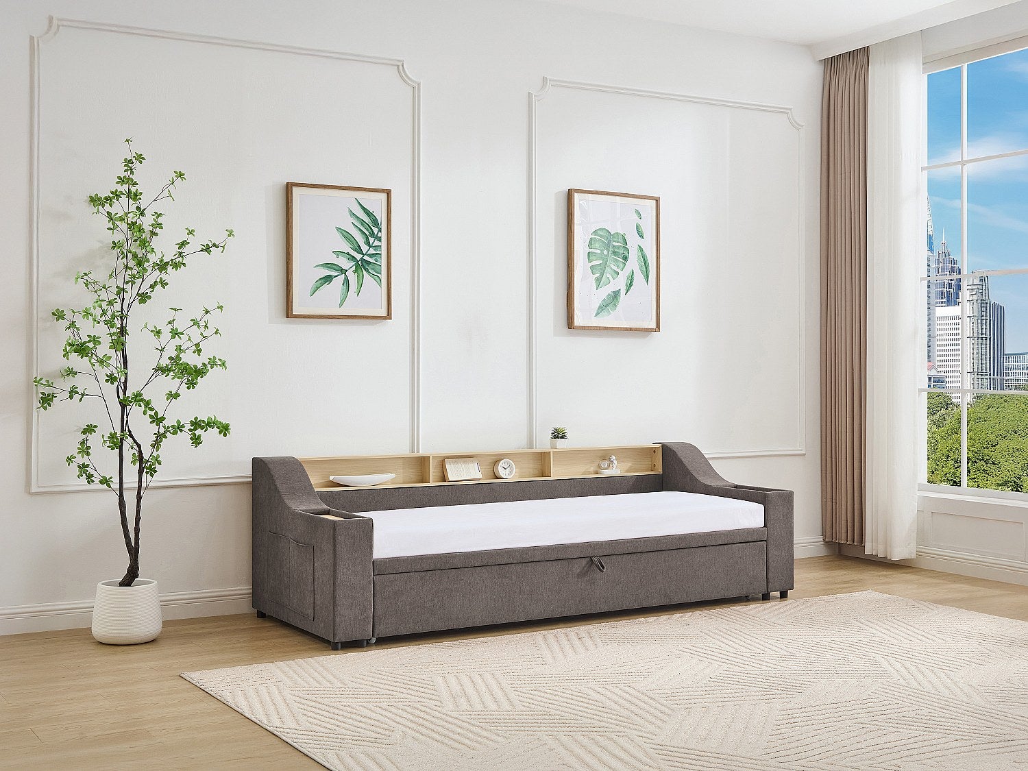 Łóżko wysuwane 2 x 80 x 200 cm ze skrzynią i i portem USB - Tkanina - Taupe - ORAVAYA