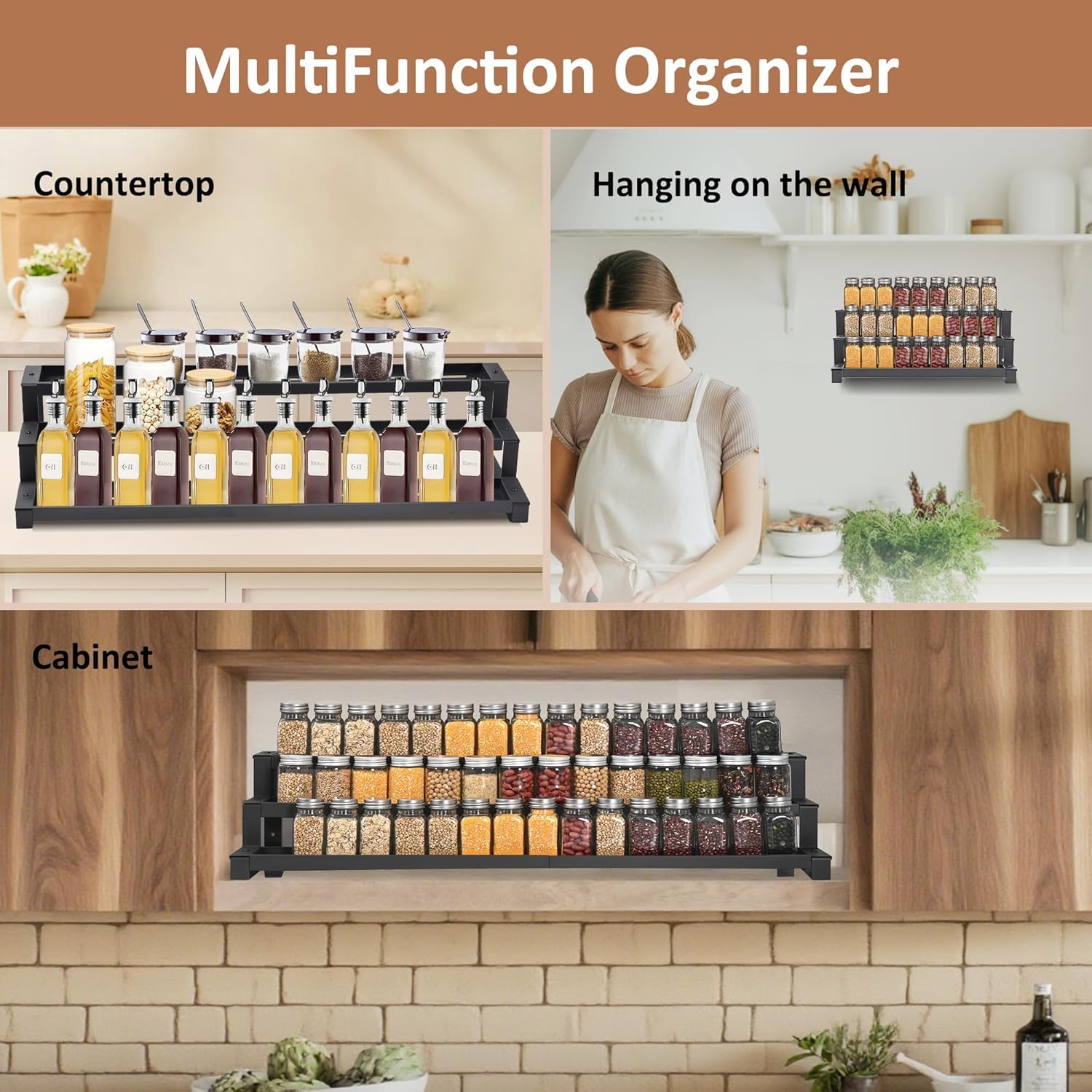 Enjoior Étagère à Épices 28 Pots En Verre + 120 Étiquettes - Organisateur Mural Ou Posable (Noir)