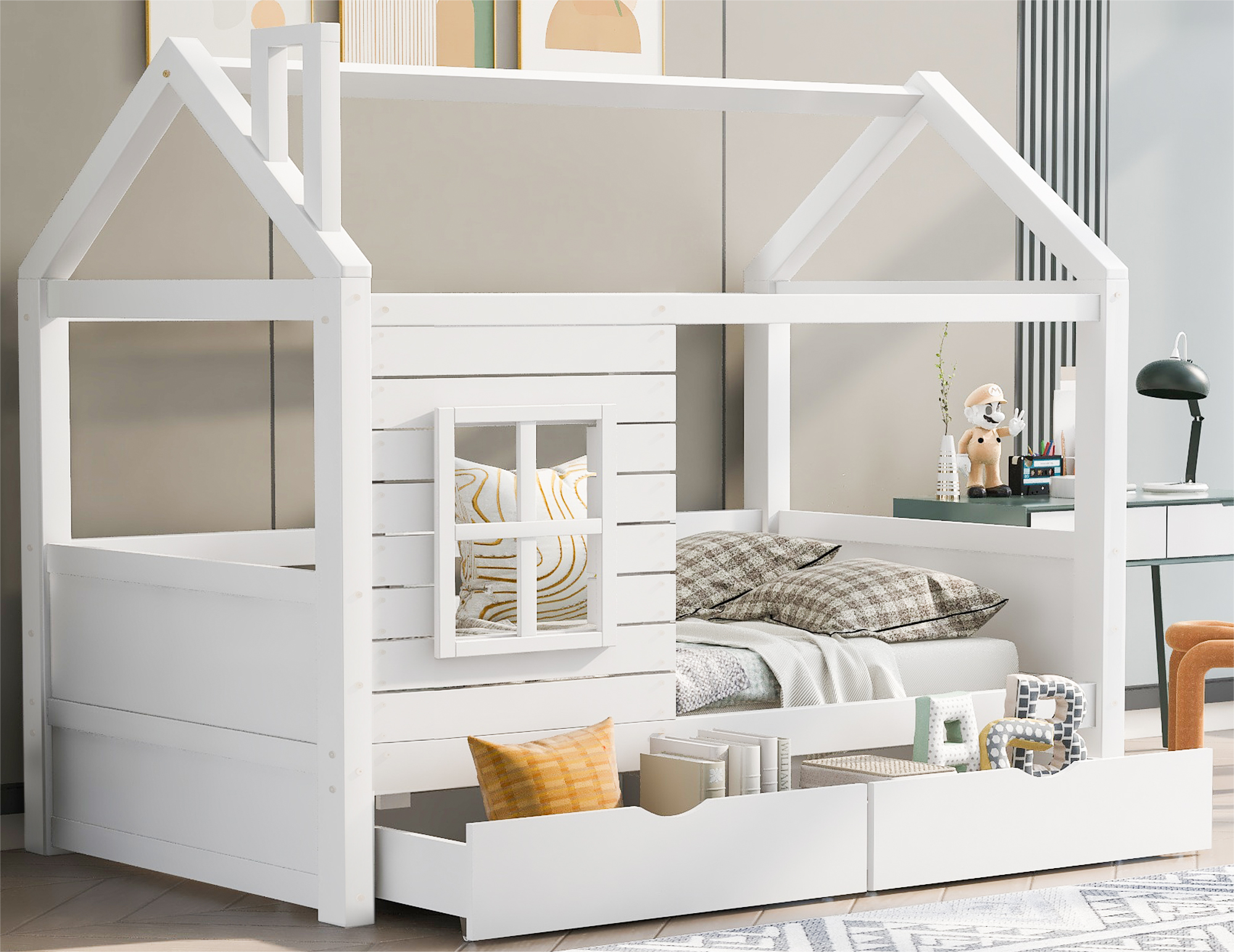 Lit cabane 90x200 cm avec 2 tiroirs - en forme de maison - en bois