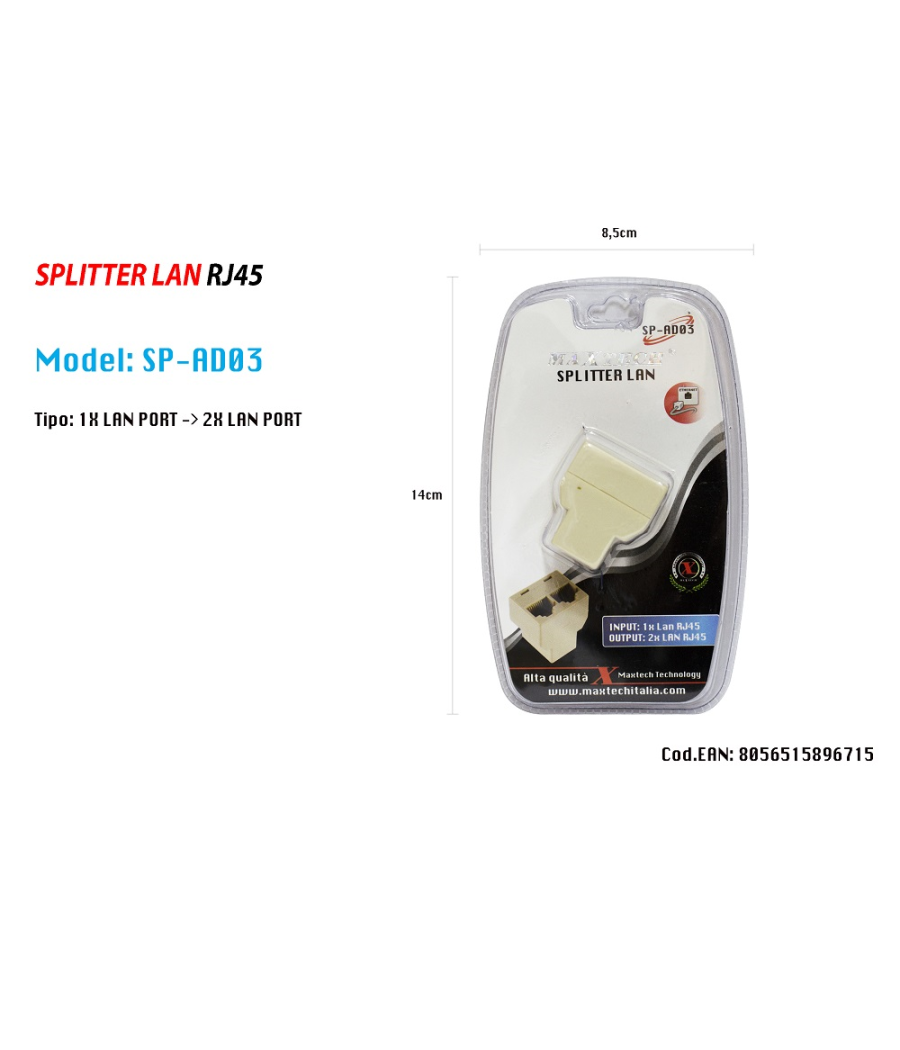 Trade Shop - Splitter Lan Rete Sdoppiatore Rj45 1 A 2 Porte Connettore Ethernet Maxtech Sp-ad03 - - 2