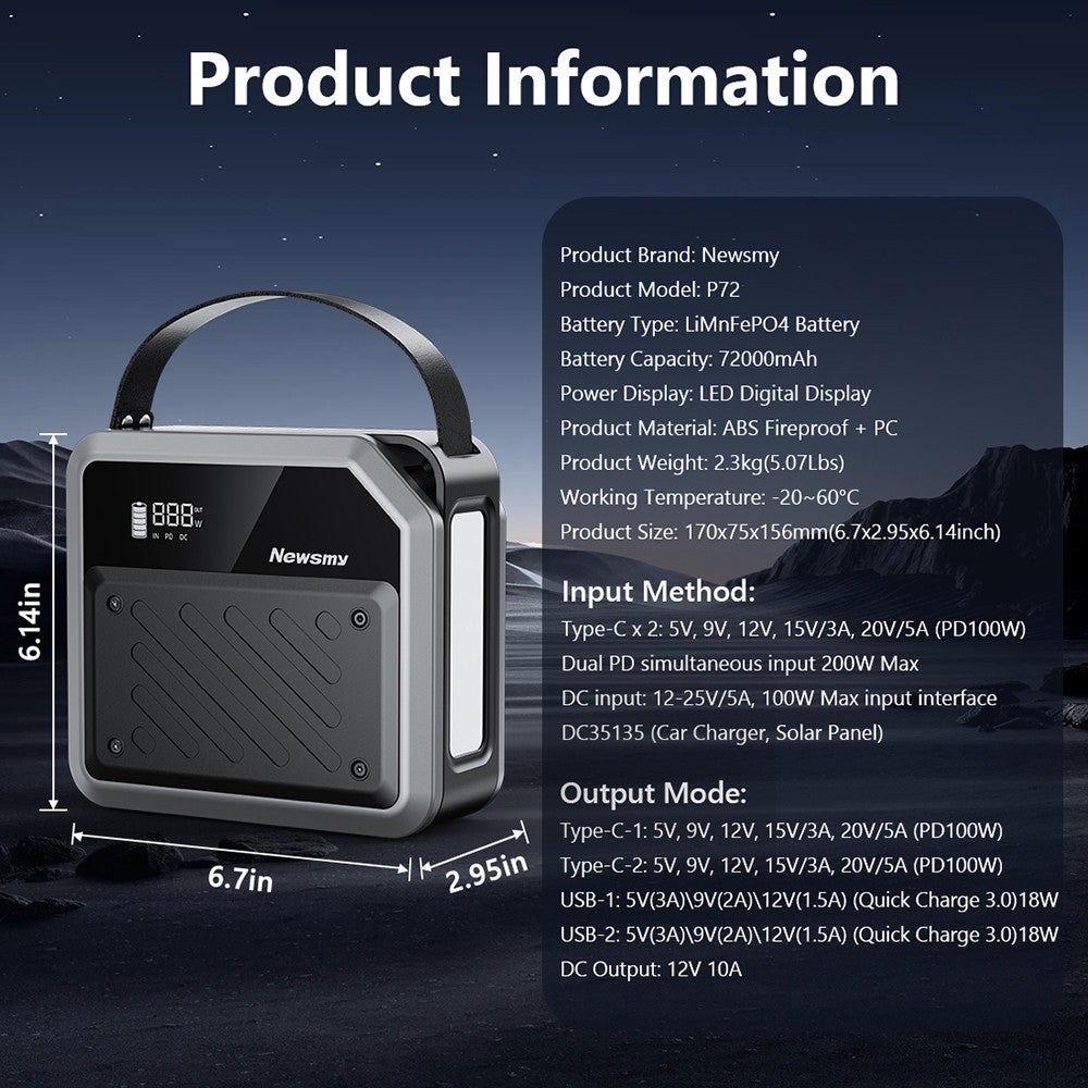 Station d'alimentation portable NEWSMY P72 268 W 270 Wh/72&nbsp;000 mAh - 7