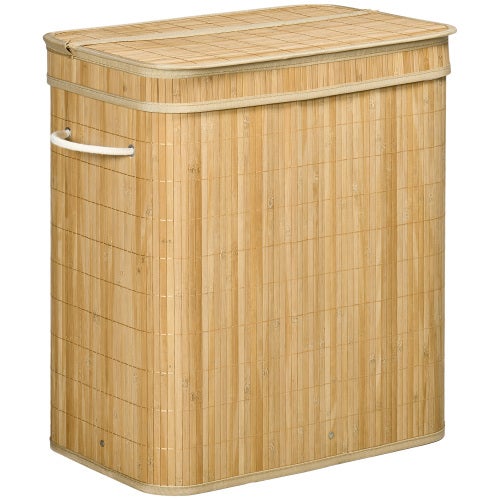 Kosz na pranie z bambusa z pokrywką i uchwytami, 90 litrów, 2 przegródki i wyjmowana torba materiałowa - 54,2 x 35,2 x 59,5 cm