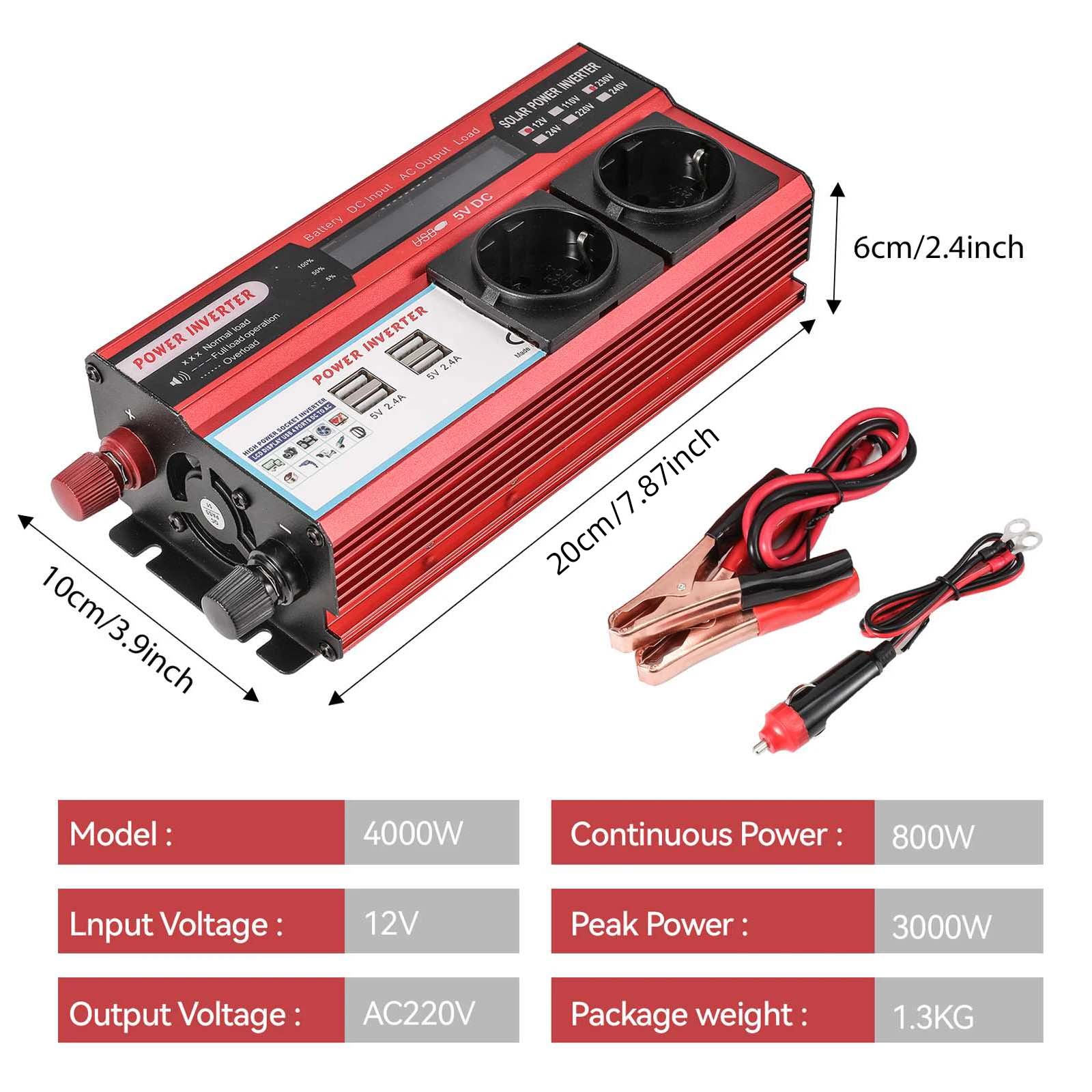 NICOLA Inversor de onda senoidal pura 4000W potência de pico 12V para 220V AC, conversor automóvel solar com visor LED, tomada EU e 4 portas USB - 3