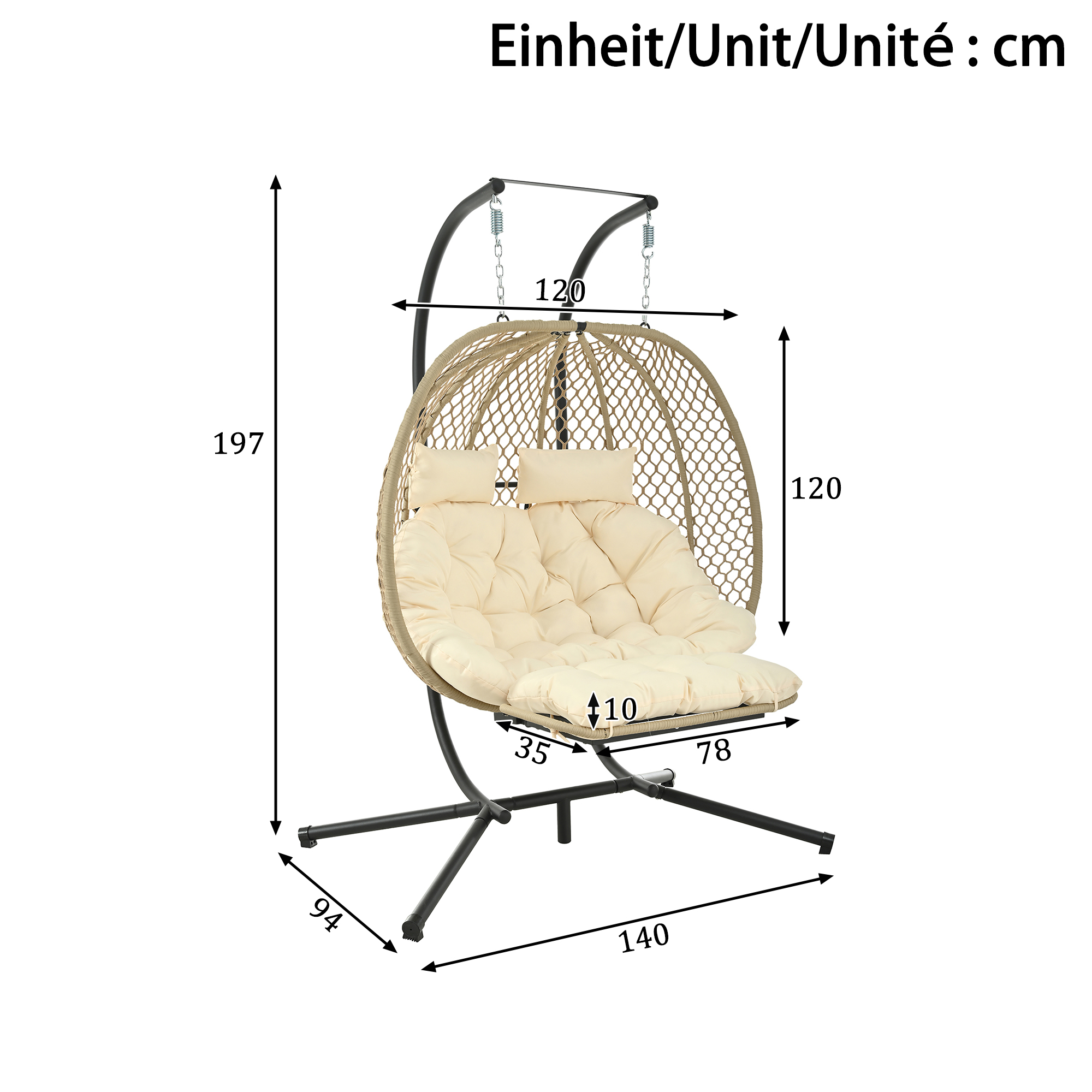 Fauteuil Oeuf Suspendu Double avec Support - Balancelle de Jardin avec Repose-pieds Réglable, Coussin Épais et Appuie-têtes - Beige - 3