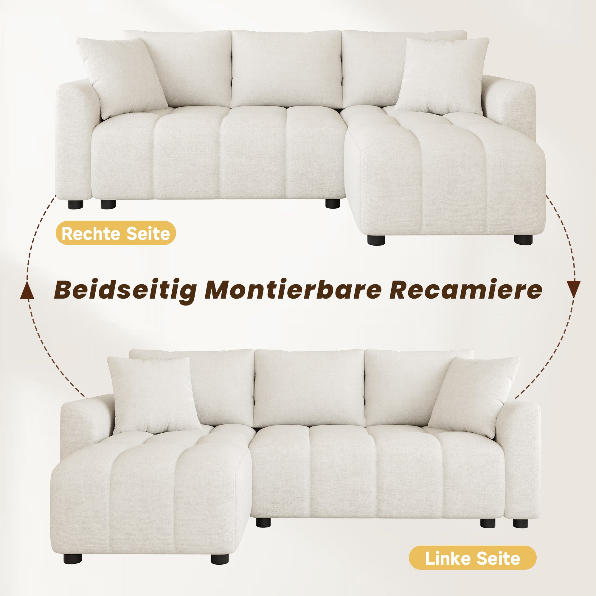 Canapé d'angle 3 places avec 2 coussins - 204 x 127 x 82.5 cm - Tissu en chenille - Beige - 5