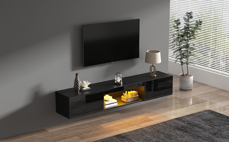 Szafka ścienna pod telewizor z 2 drzwiami i otwartą przegrodą - 160 x 31 x 22 cm - Oświetlenie LED - Płyta wiórowa - Czarny połysk - 8