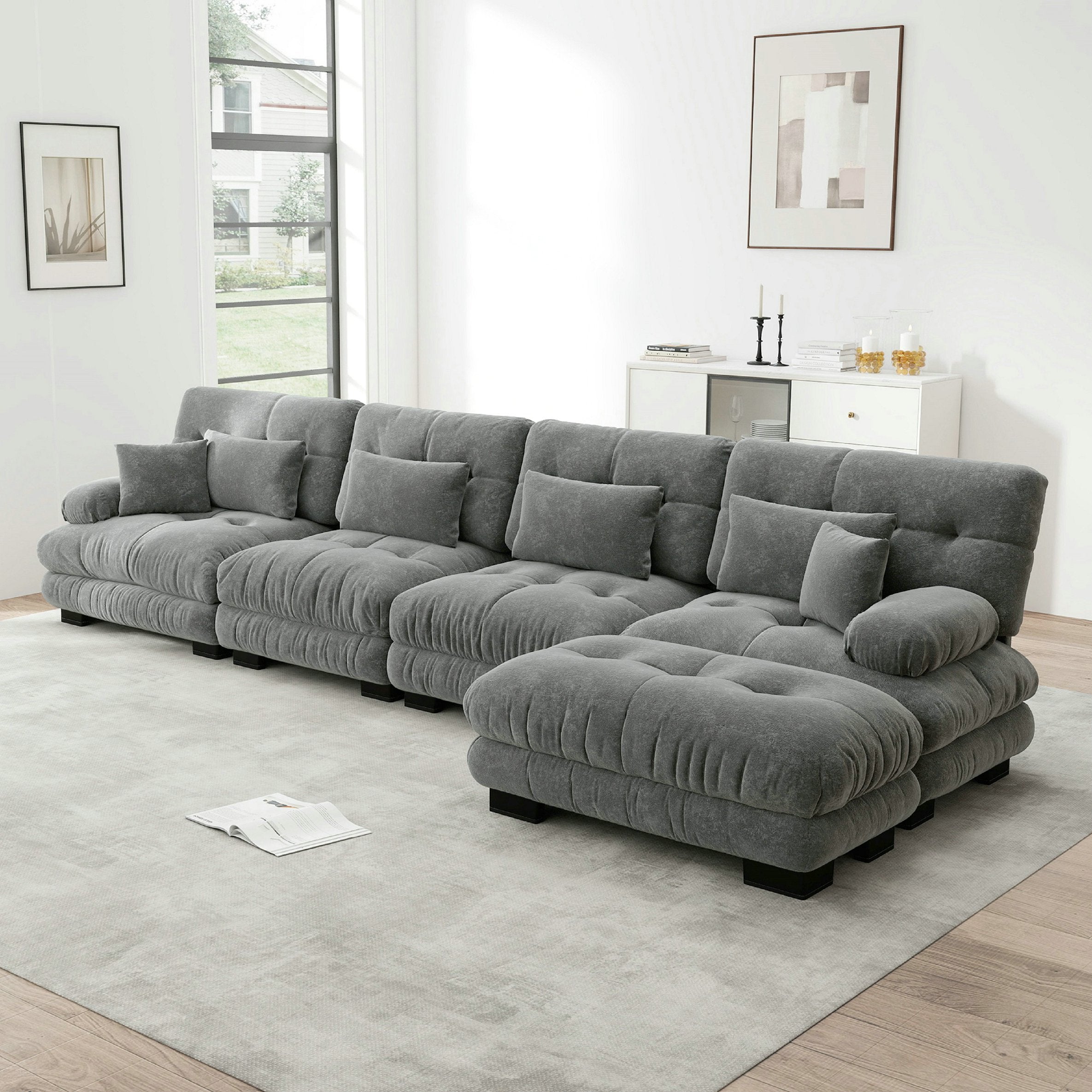 Canapé d\'angle modulable, ensemble de salon en forme de L, 4 places Élégant confortable – avec pouf amovible – chenille – gris - 3