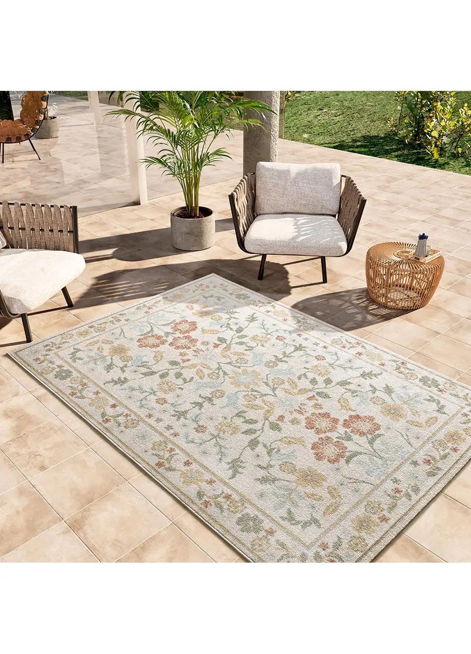Tapis extérieur beige / multicolore rectangulaire l.200 x L.290 cm SAMARA motifs floraux - ATTICGO - 5