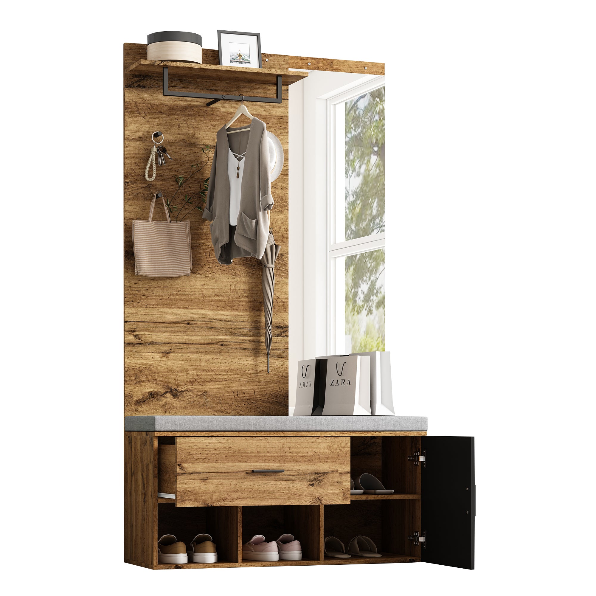 Scarpiera con panca, specchio e appendiabiti - 104 x 39 x 190 cm - Truciolare - Rovere - 8