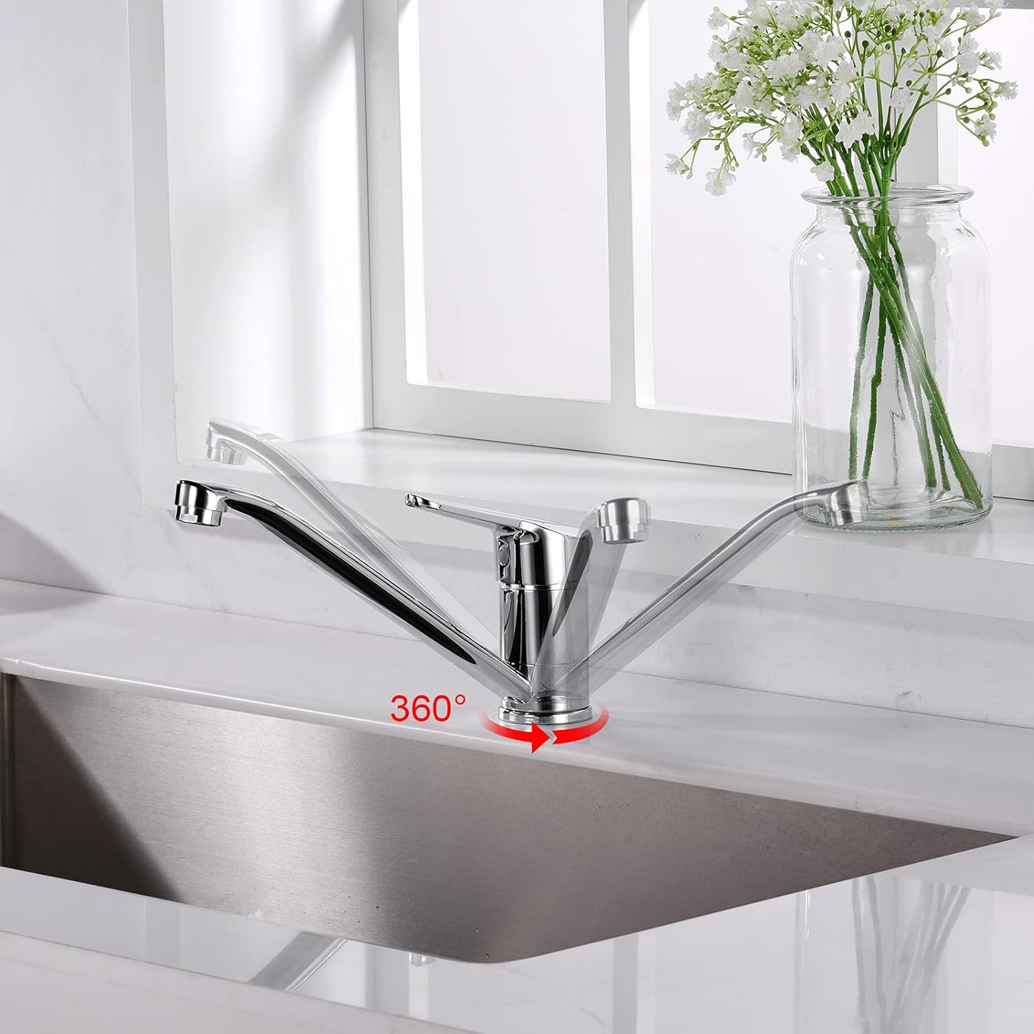 Robinet mitigeur d'évier, robinet de cuisine à levier unique, robinet mitigeur de cuisine rotatif à 360 °, tuyaux d'eau chaude et froide complets - 3