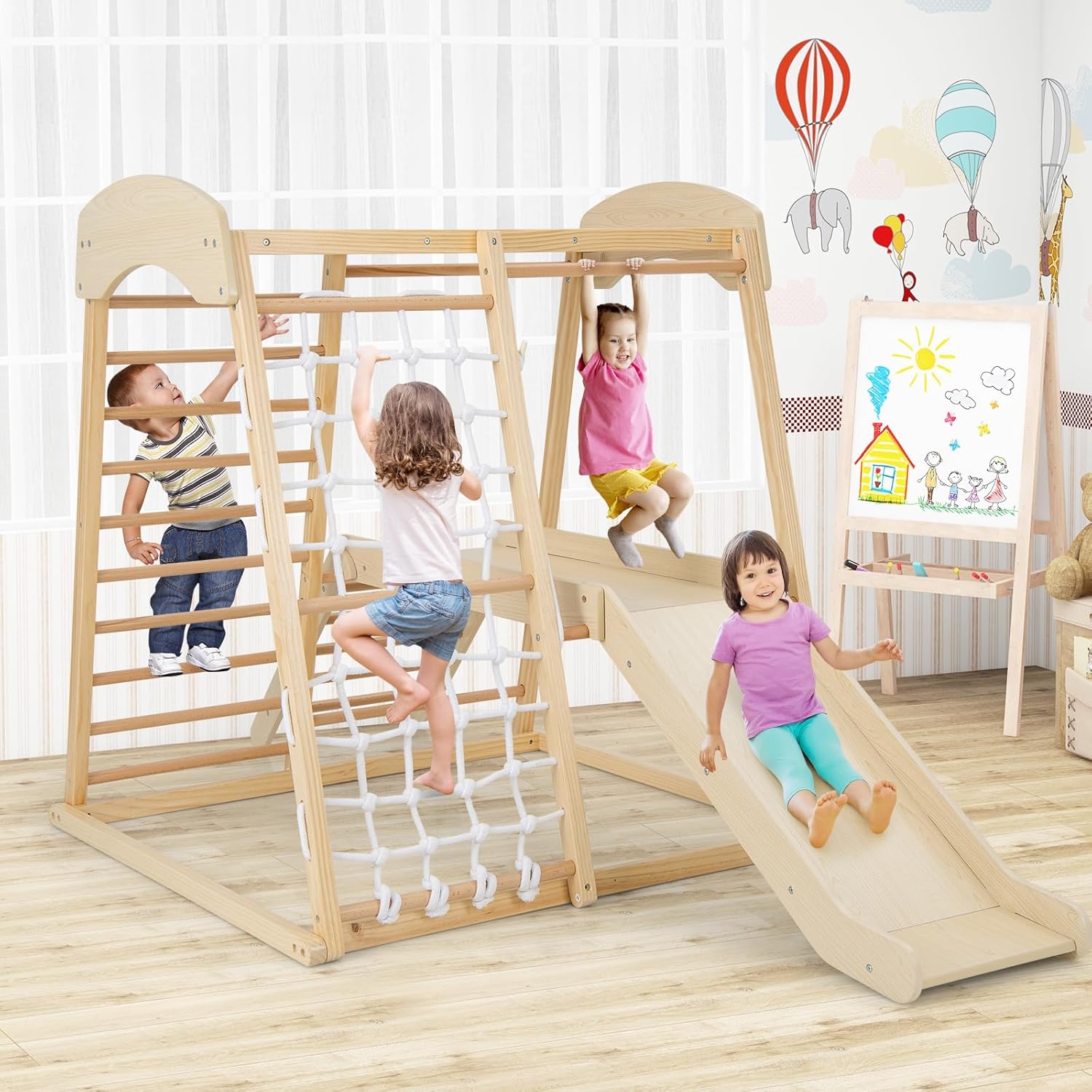 6 en 1 Jeu d'escalade Intérieur, Aire de Jeu en Bois avec Portique, Toboggan, Corde et Échelles, Jeu Montessori avec Ancrages Métalliques pour 1 an+ - 7