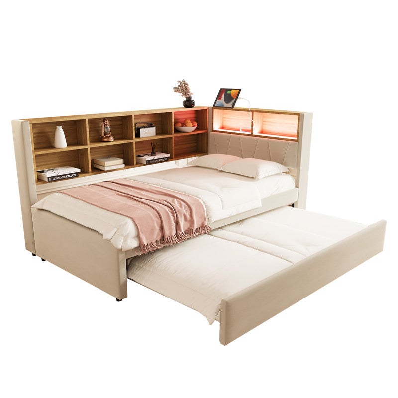 Sofá cama 90x200 - con cama nido 90x190 cm - con puerto USB - almacenaje múltiple - cama tapizada - beige (colchón no incluido) - 2