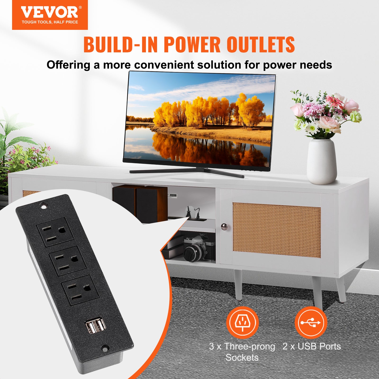 Meuble TV VEVOR en Rotin, pour Téléviseur 65 Pouces, Banc TV Bohème avec Porte en Rotin, Centre de Divertissement avec Prise Intégrée et Ports USB - 2