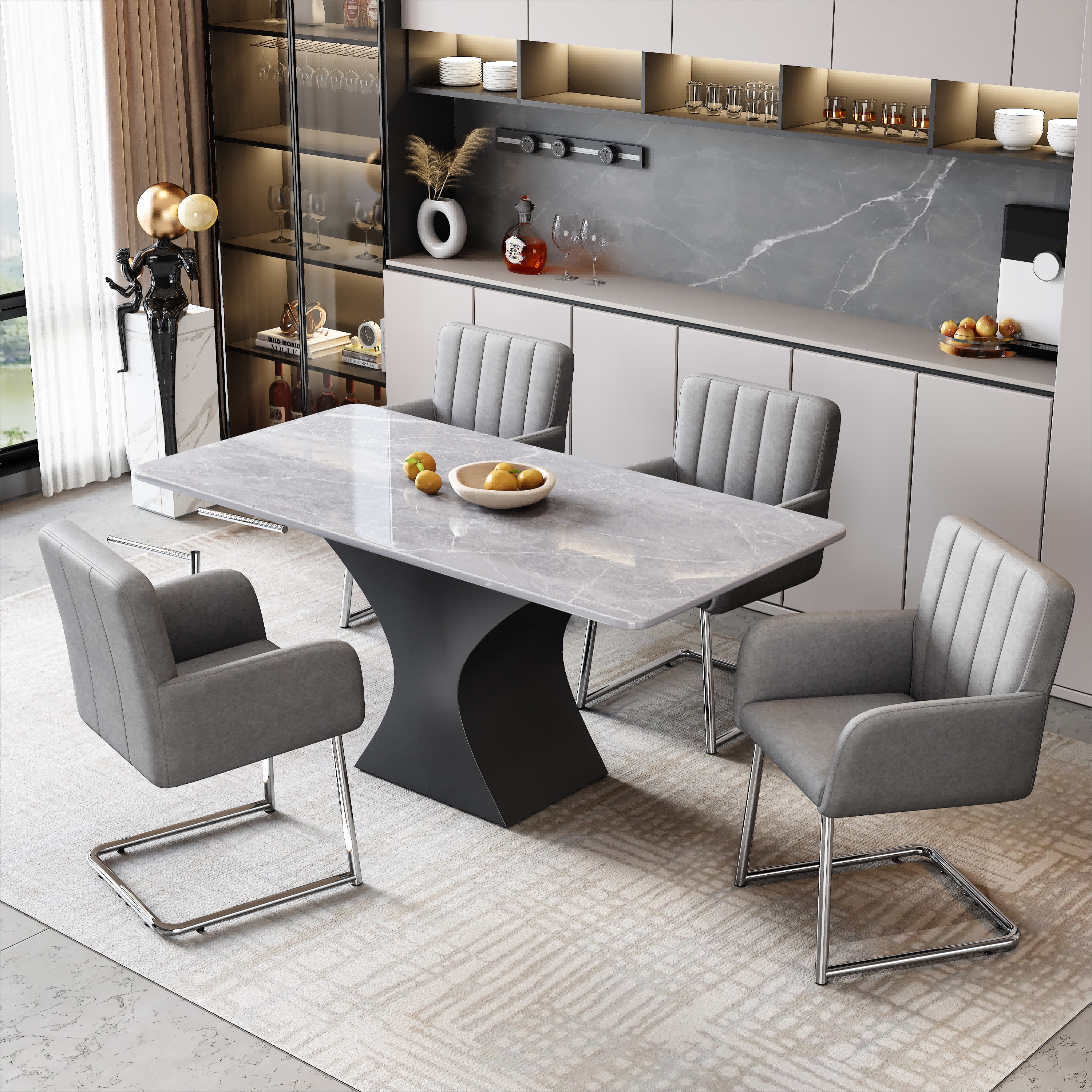 Komplet 4 krzeseł wspornikowych ze skóry ekologicznej - z podłokietnikami - nogi metalowe - oparcie w pionowe paski - Szary