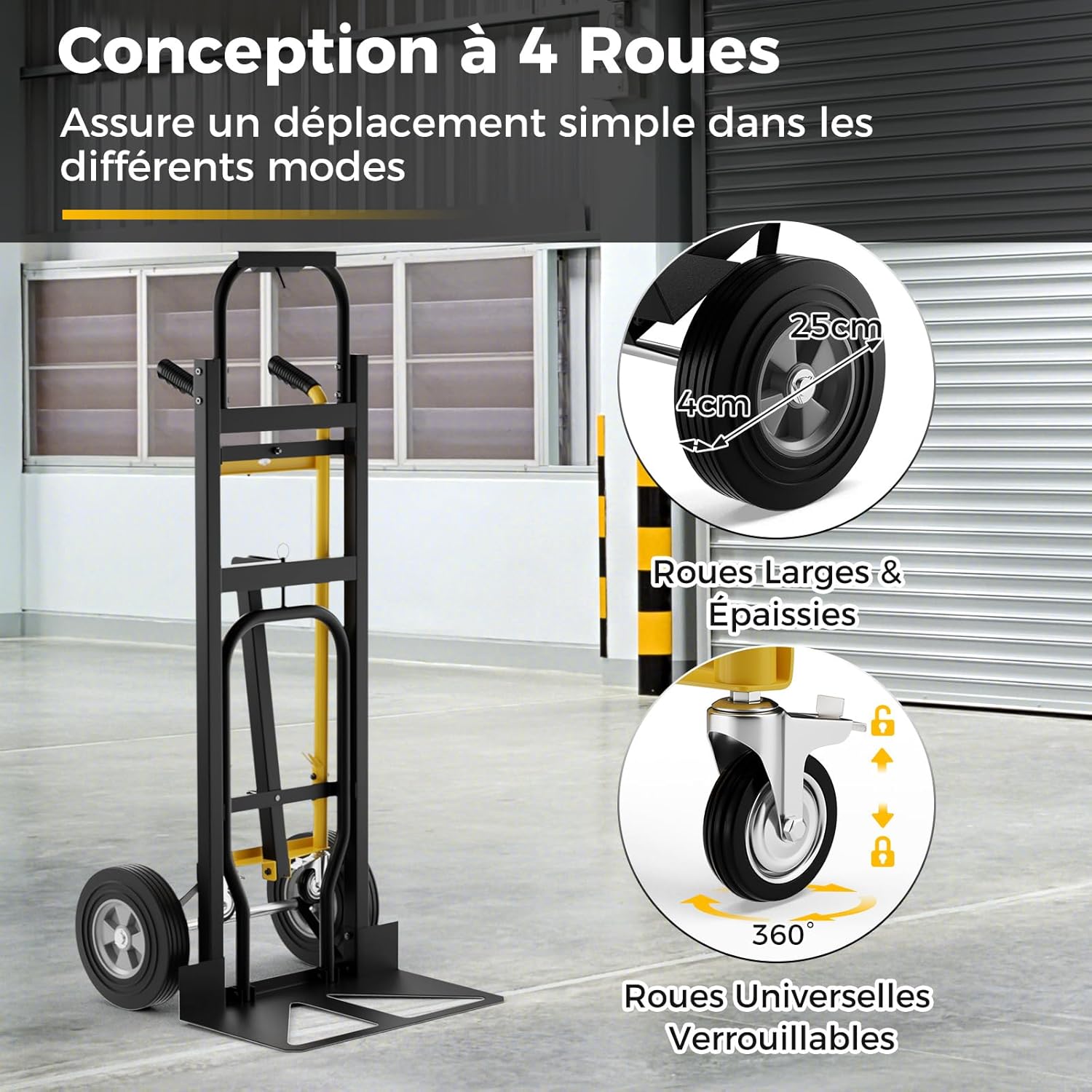 Carrinho de mão em metal 3 em 1 com rodas de borracha universais, carrinho industrial dobrável para transporte e mudança, 57 x 53 x 131 cm - 5