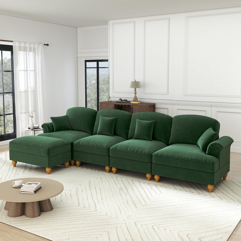 Sofa Cloud, modułowa, w kształcie litery L, 4-osobowa, szenilowa, głęboka, z pufem, zielona