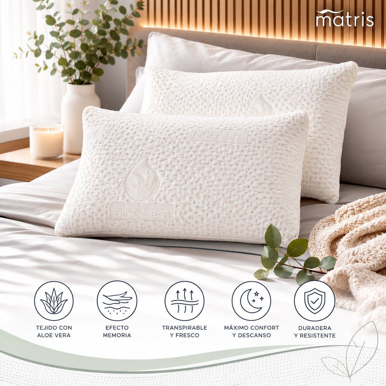 Pack 2 Almohadas Visco Luxury Aloe Vera 75 cm Firmeza Media Termo sensible Desenfundable - 3