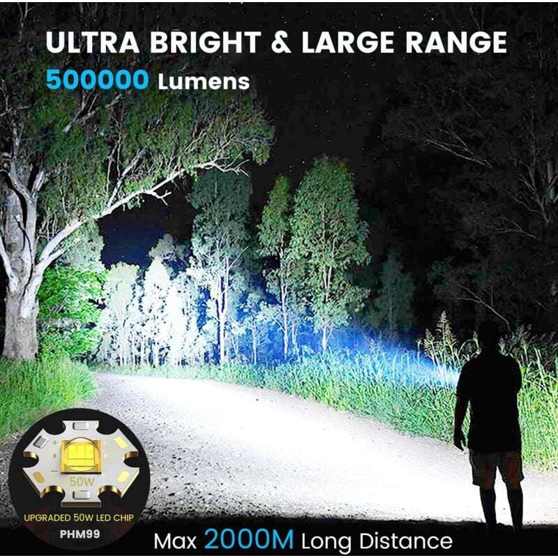 Lampe de poche super puissante, 500 000 lumens, rechargeable par USB-C, étanche IP65, 5 modes - 2