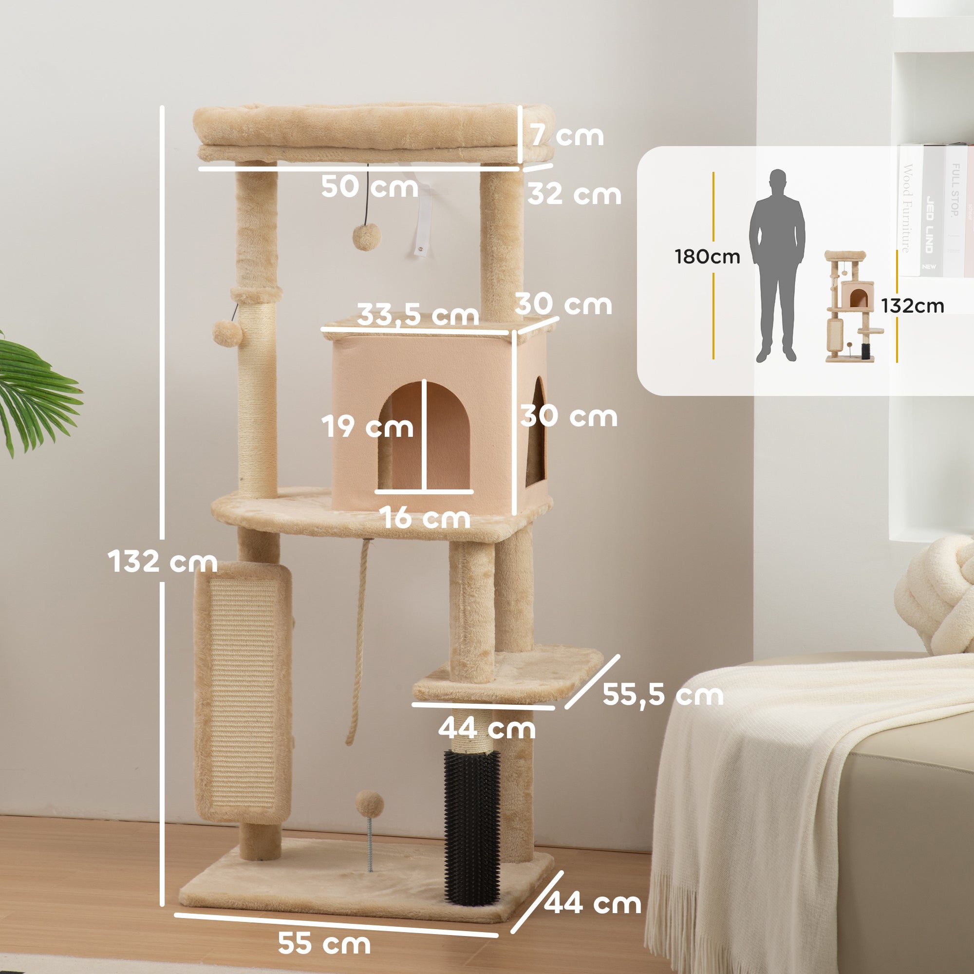 Arranhador para Gatos Grande 132cm com Plataformas Escova Bolas e Almofadas Bege - 2