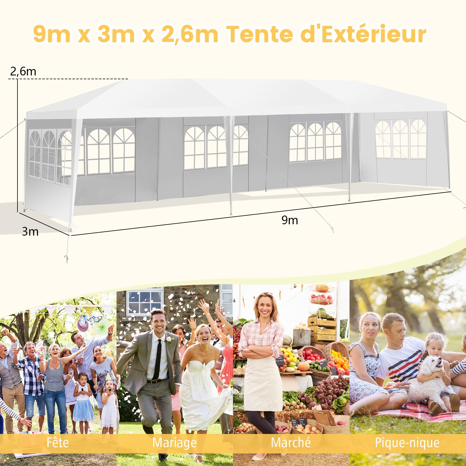 Tonnelle de Jardin 3x9m Acier, Tente de Réception avec 5 Murs Amovibles, Fenêtre sur Côté, Piquets de Terre Solides pour Fêtes, Mariage, BBQ, Blanc - 5