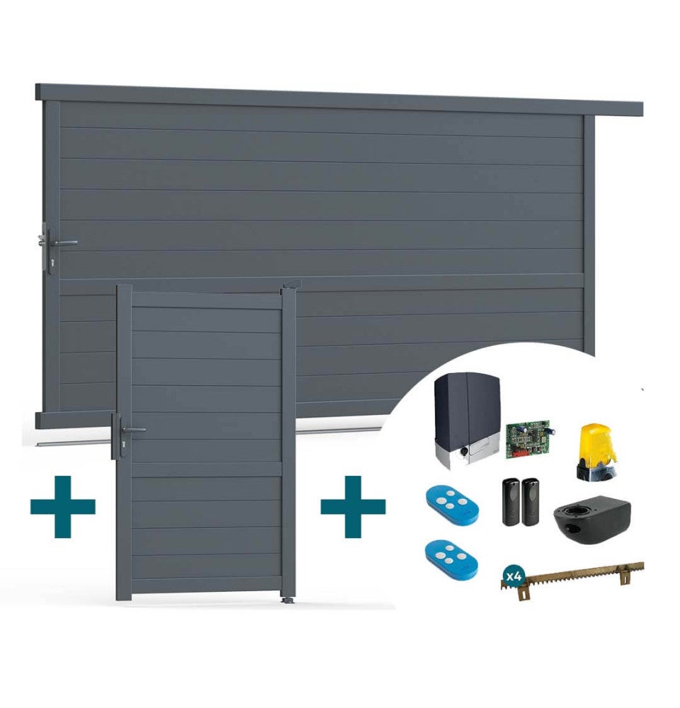 PackPortailCoulissantALUBordeauxlargeur3m50-Ht1m70-Gris-Motorisé+Portillon