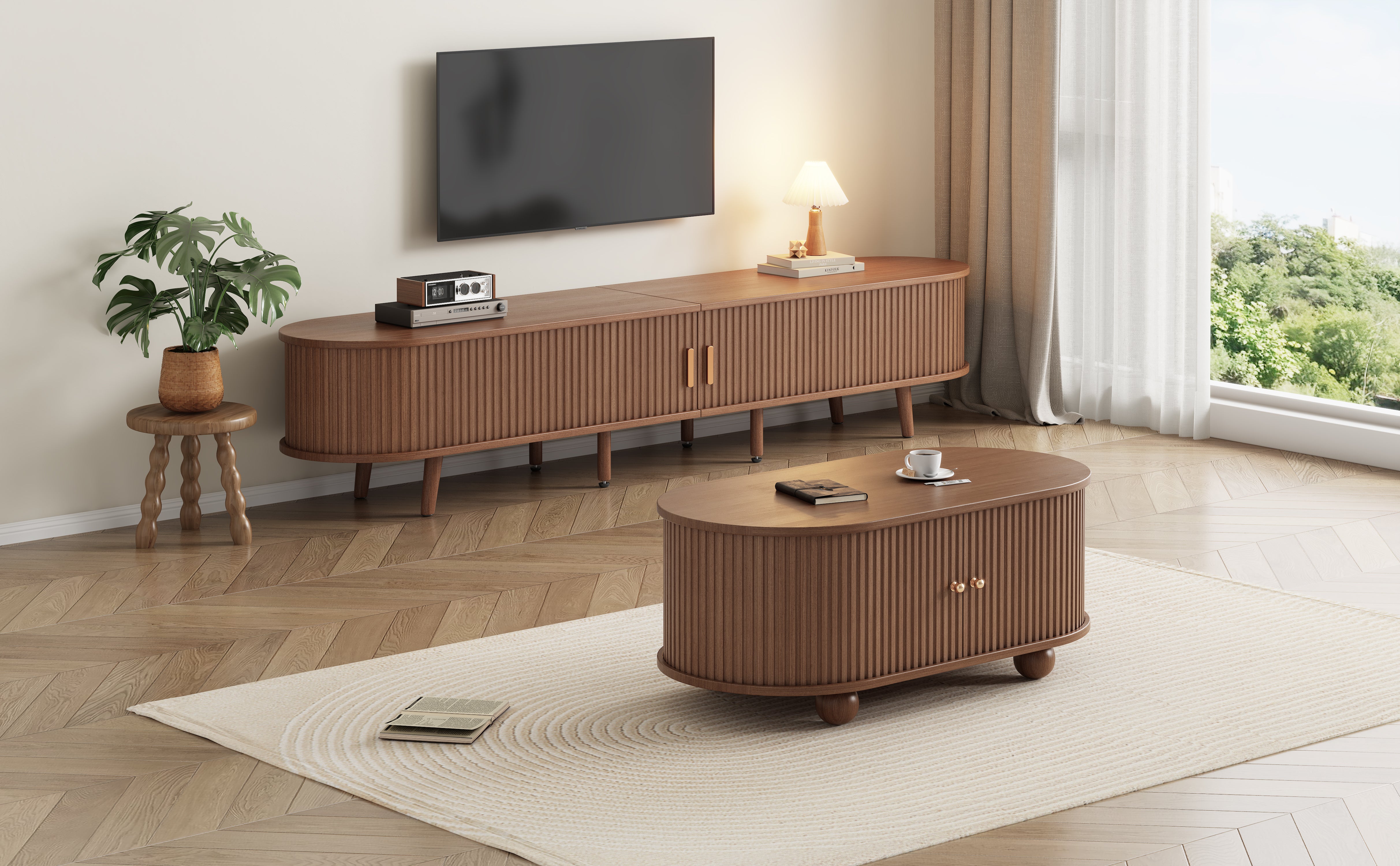 Ensemble Meuble TV + table basse - Portes coulissantes - 175 x 40 x 42 cm - MDF - Noyer - 3