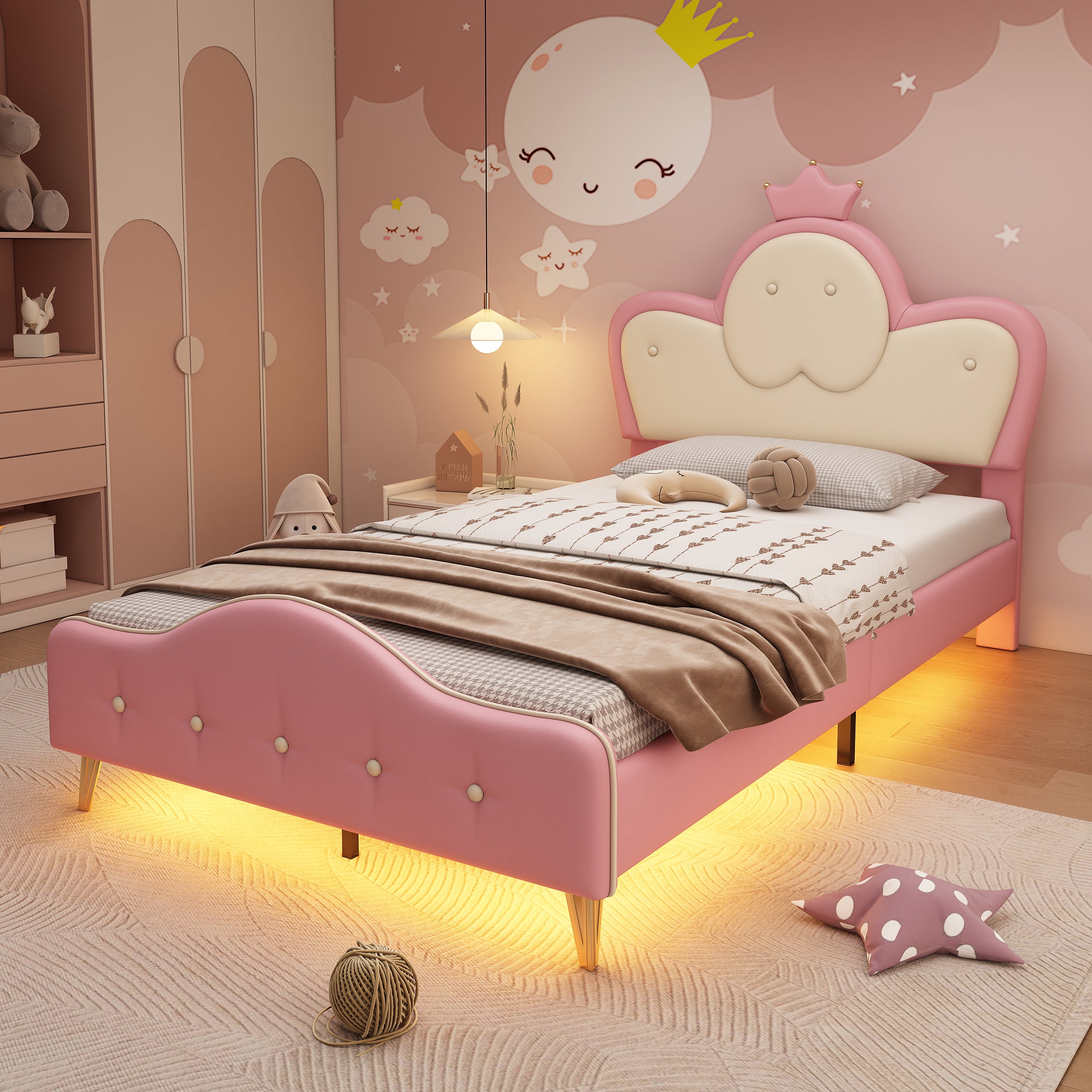 Cama infantil - 90x200cm - Cabecero corona y LED - Piel sintética (PU ...
