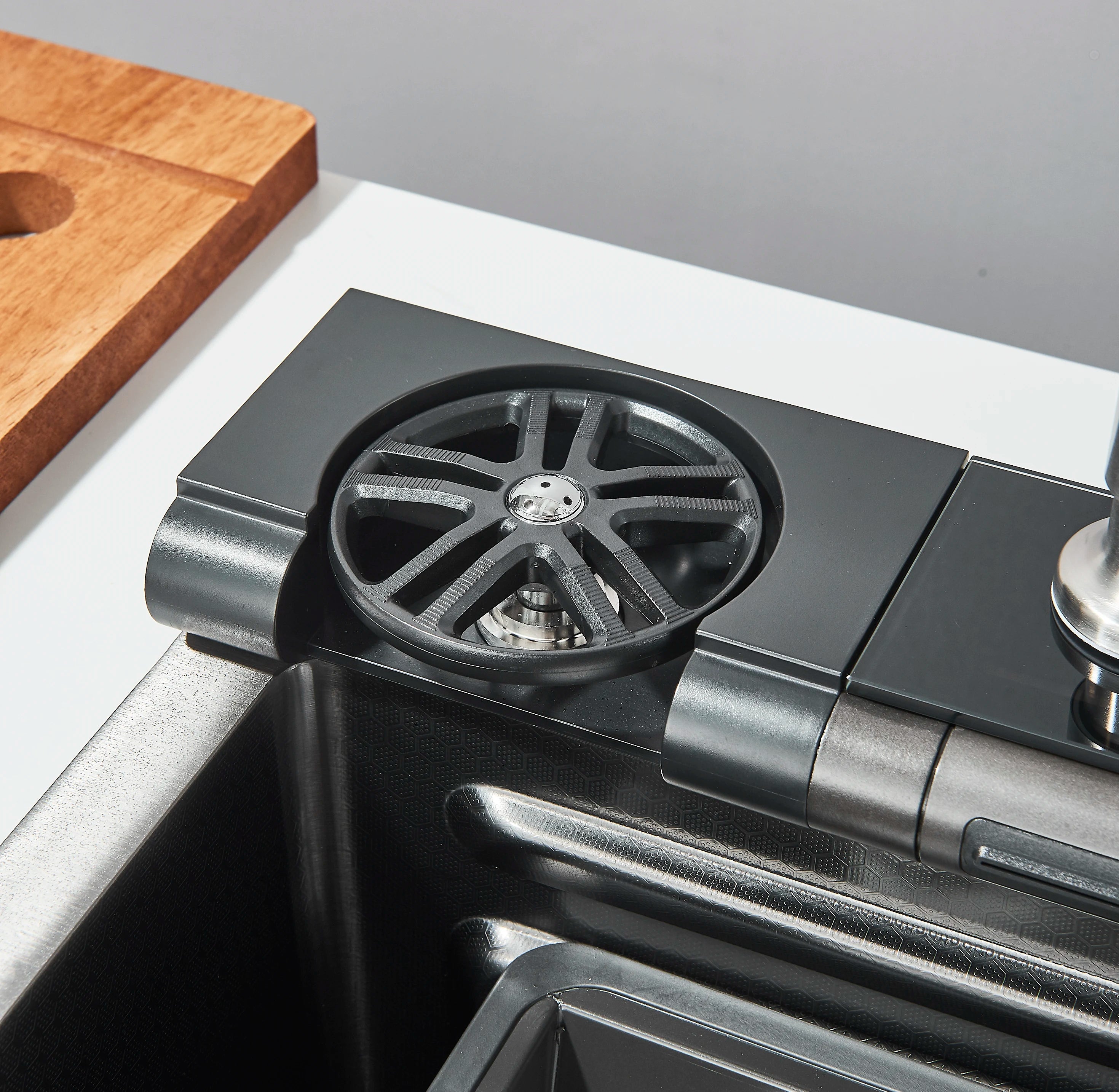 Lavello da cucina multifunzione in acciaio inox con cascata, rubinetto digitale, 2 manopole, 75 x 45 cm - 4