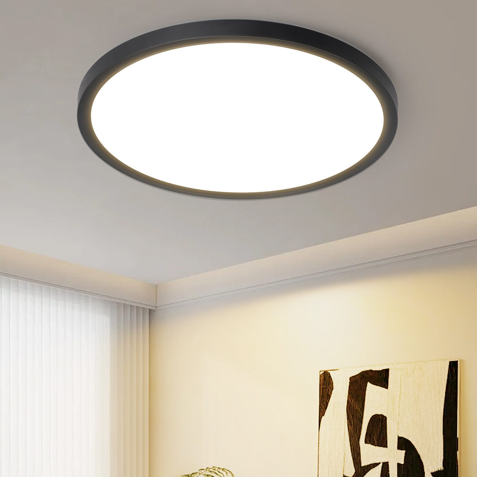 NETTLIFE Płaskie oświetlenie sufitowe LED do sypialni, czarne, 18 cm, 15 W, nieściemnialne, ciepła biel, 3000 K