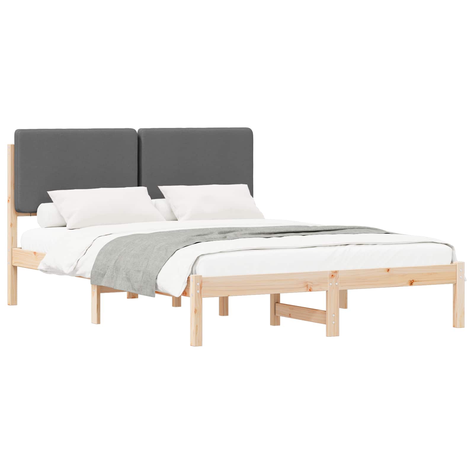 Cadre de lit avec tête de lit rembourrée en pin massif, gris foncé, pour la chambre - 2